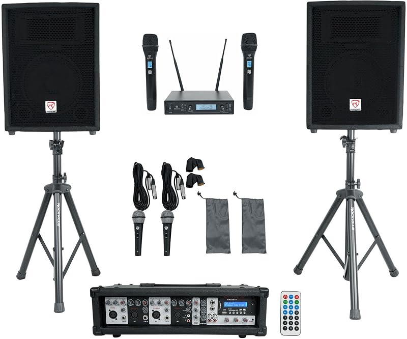 Rockville RPG2X10 10" PA Speaker Pair with Mixer and 2 UHF Wireless Mics | 800W Peak / 200W RMS, Bluetooth, USB/SD/FM, 4-Channel Mixer, 2 Speaker Stands, 2 Wired Mics, 200-Channel UHF, 3-Items