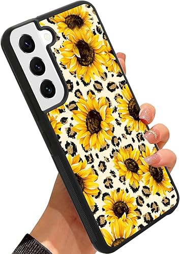 Wlxee Funda compatible con Samsung Galaxy S22 con estampado de girasol de leopardo para mujeres y niñas, TPU suave, parte trasera dura,