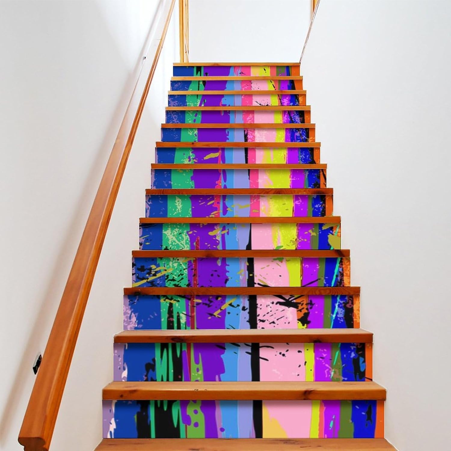 Brebasf Abstract Wooden Rainbow Design Staircase Stickers Art Stickers Staircase Decorations Colorful Modern Style Rainbow Print Home Decoration 39.4W X 7.1H x2Set