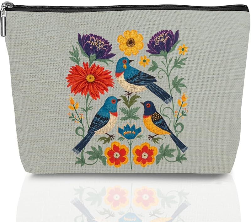 Necessaire jeilink com estampa floral e pássaros, zíper metálico, 1 unidade