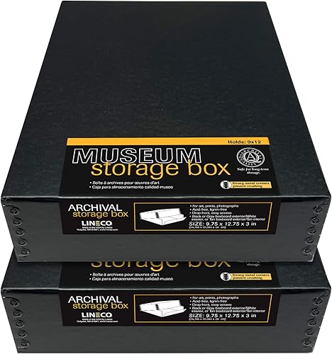 Vista 277 de Lineco, Caja de almacenamiento de archivos de museo de color tostado de 9 x 12 pulgadas, diseño frontal caído. Sin ácidos con borde de metal.