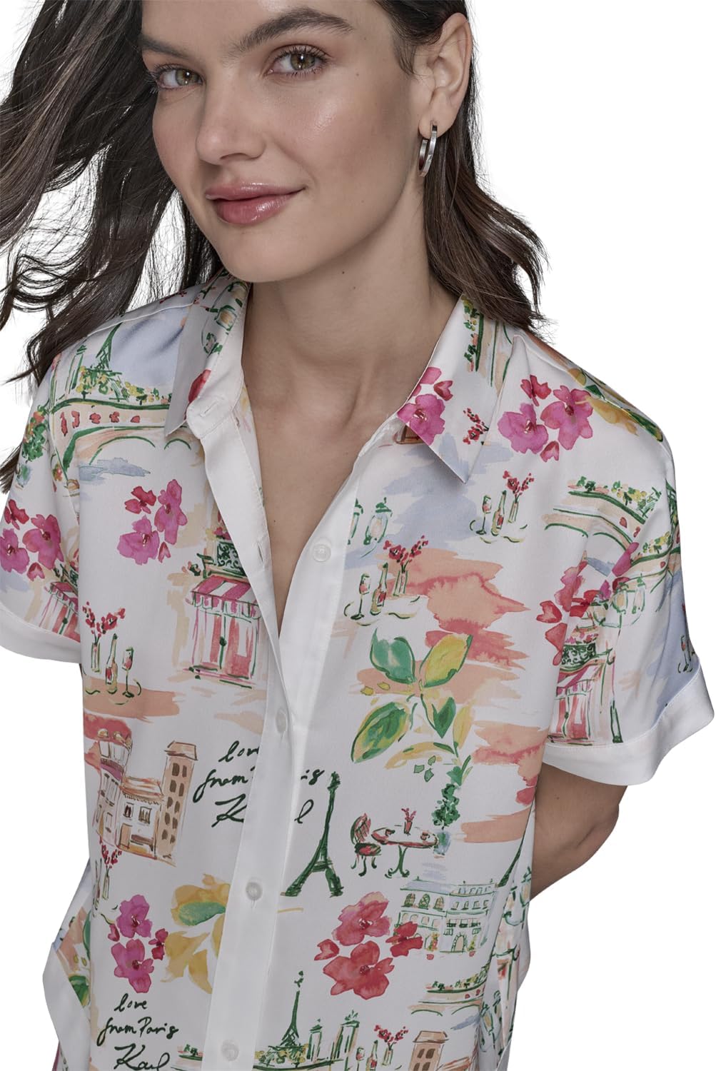 Karl Lagerfeld Womens Button Down Camp Shirt Bright Fun Print Blouse - Image 5