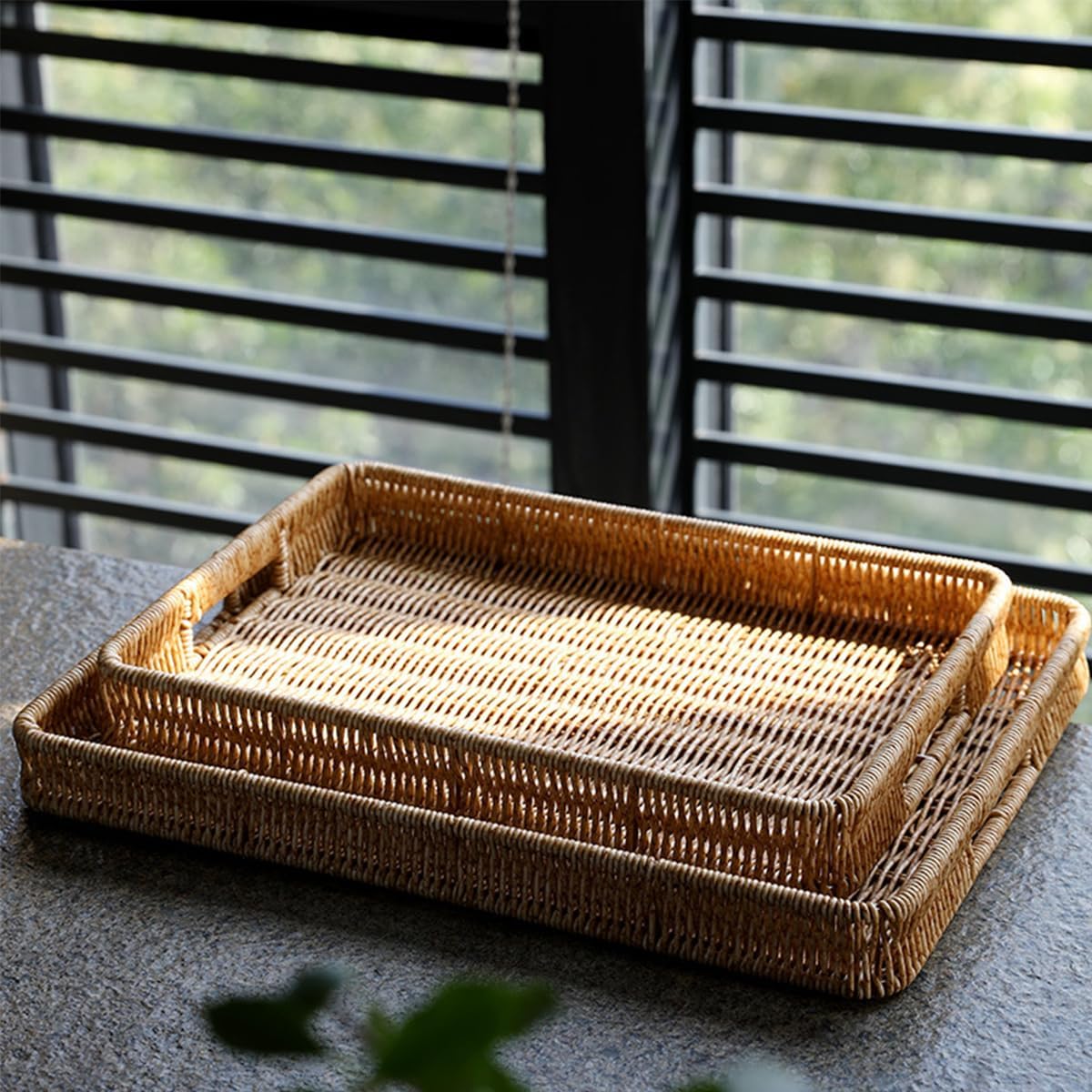 2 Pack Rectangle Rattan Serving Trays with Handles, Decorative Woven Wicker Organizer Baskets Storage Tray for Coffee Table, Bread, Fruit, Snacks - Image 7