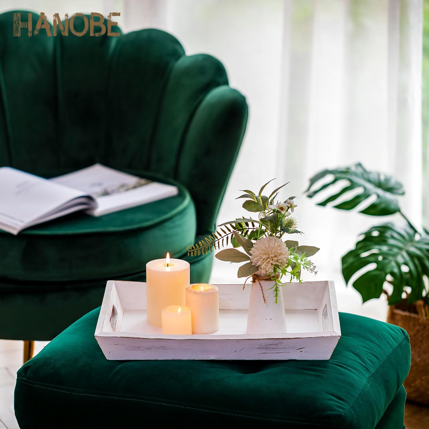 Hanobe Decorative Wooden Serving Tray: Rustic Wood Ottoman Trays for Coffee Table Rectangular Tray with Handles for Living Room Kitchen Home Decor, White - Image 5