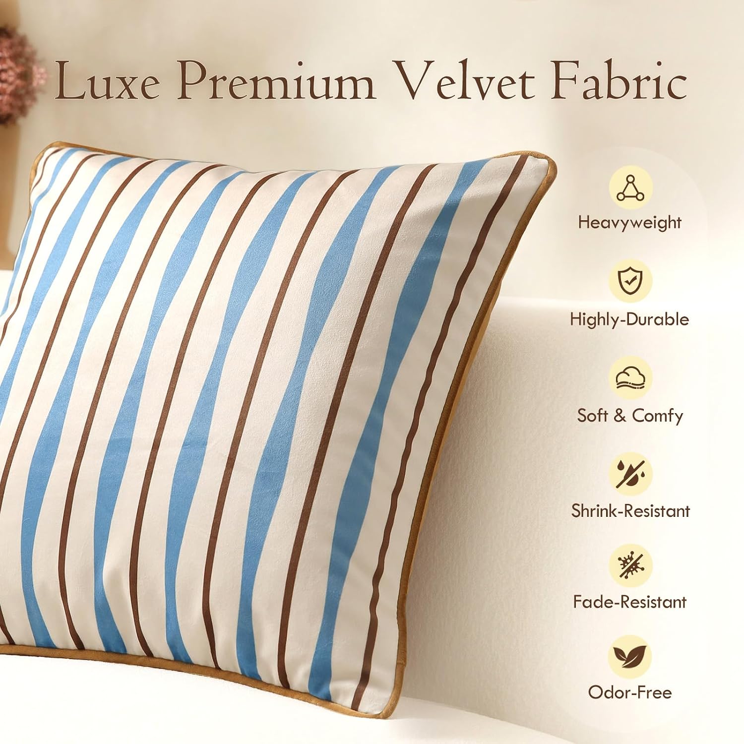 Blue and Brown Striped White Pillow Covers, Mid Century Modern Throw Pillows 18x18, Velvet Accent Pillows for Bed Couch