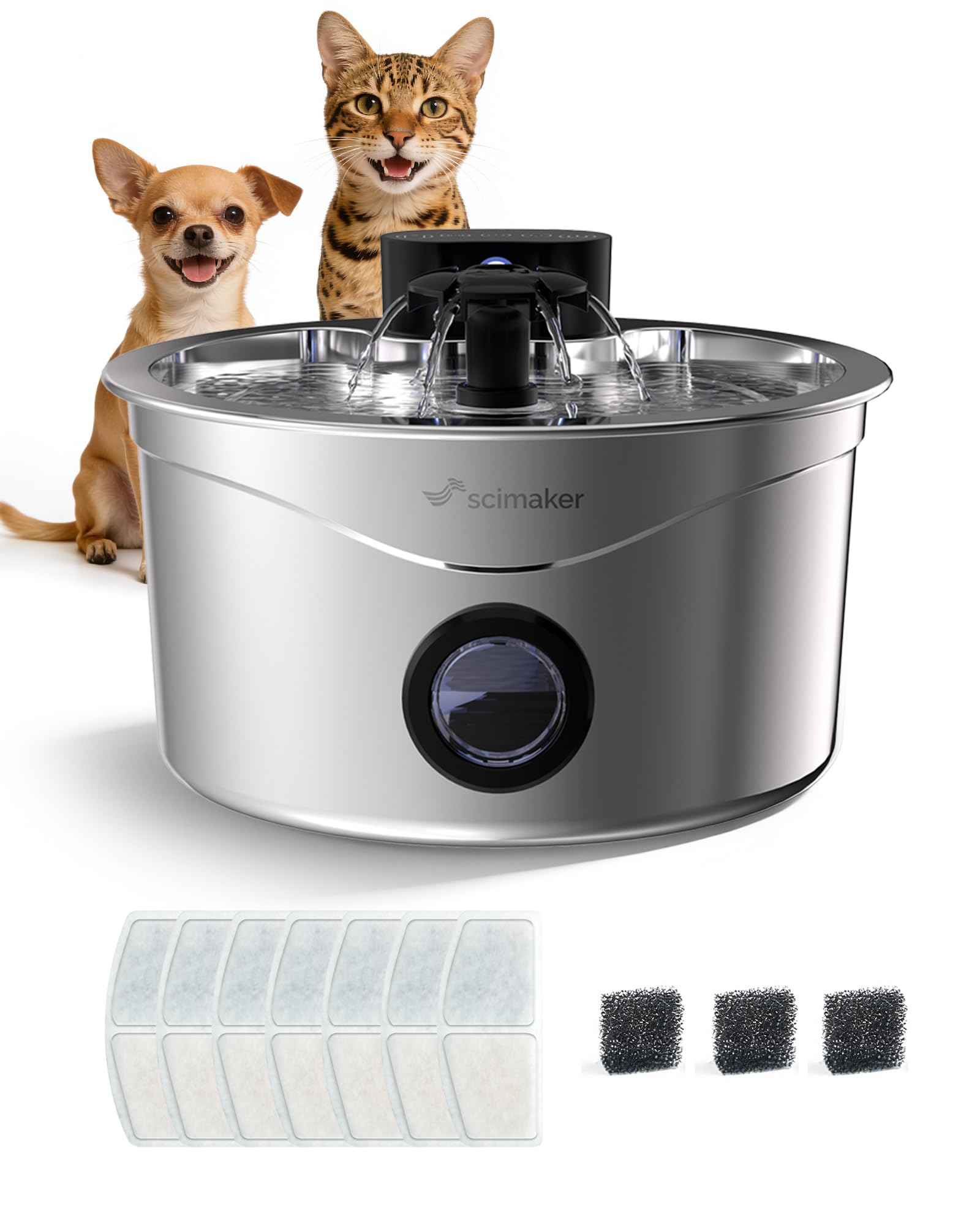 Wireless Cat Water Fountain Stainless Steel, with 7 PCS Water Filters and 3 PCS Sponges Cordless Pet Fountain,Ultra-Quiet Filtration Dispenser for Cats and Puppys Dogs 88Oz/2.6L
