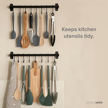 simplywire - Kitchen Utensil Holder and Organiser - Pack of 2 - Black | Wall Mounted Rail Pan Rack - 16 Hanging Hooks
