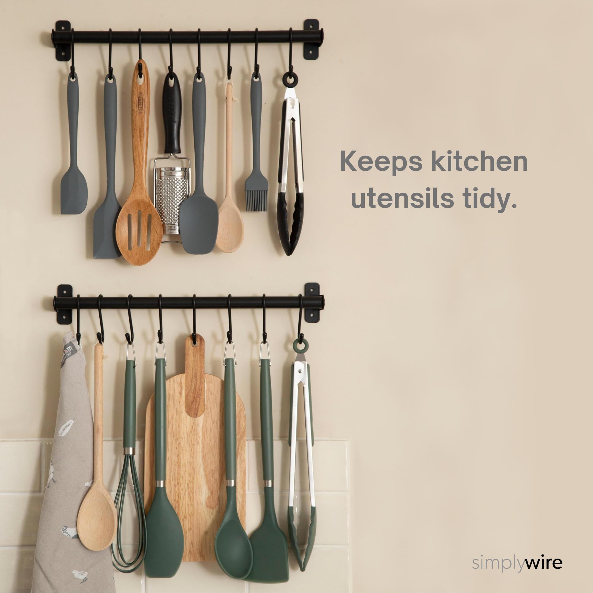simplywire - Kitchen Utensil Holder and Organiser - Pack of 2 - Wall Mounted Rail Pan Rack - 16 Hanging Hooks - Black - Image 4