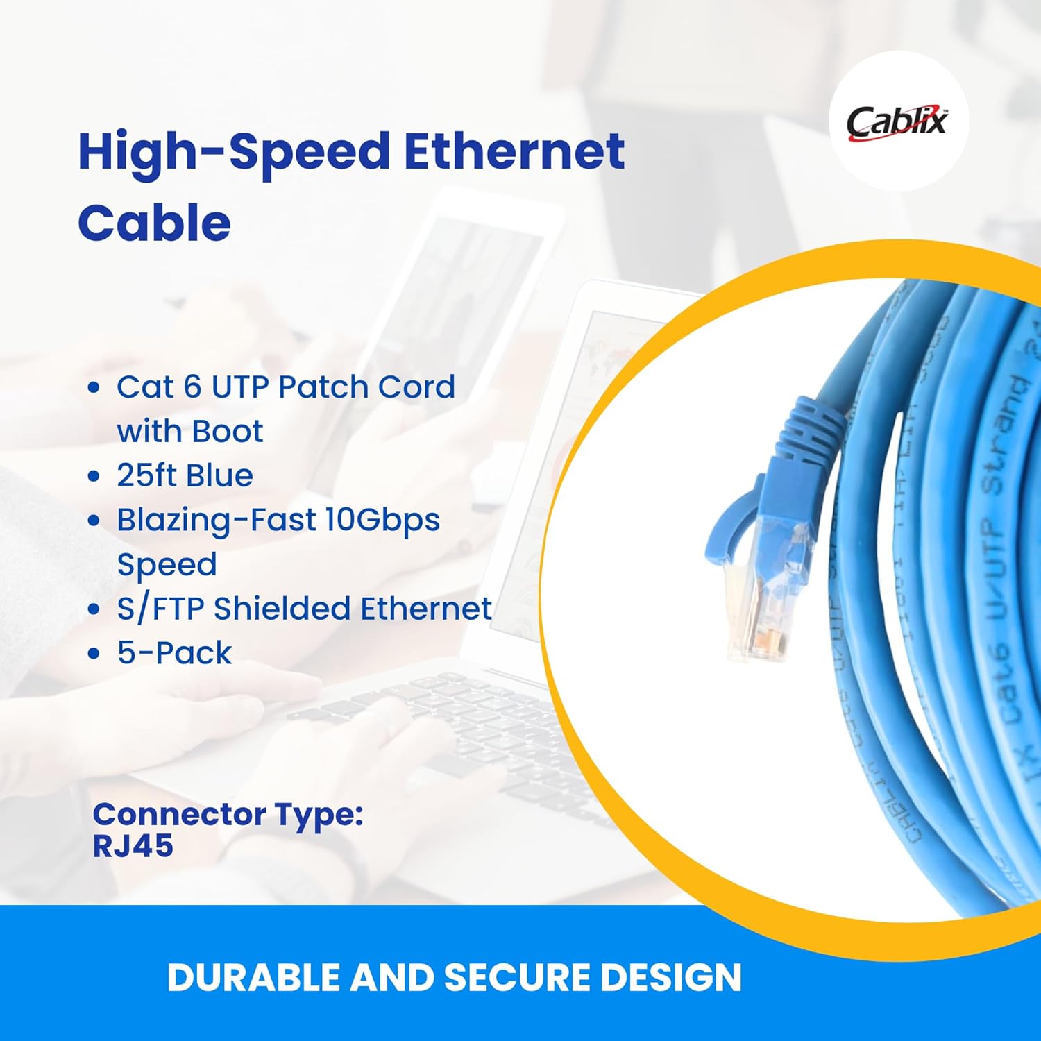 Cat 6 Ethernet Cable 5-Pack, UTP Patch Cord with Boot, High-Speed LAN Cable for Networking, Internet, Router, Modem, Switch, PC, Xbox, PS5 – 10Gbps RJ45 Network Cable (Blue, 25 ft)