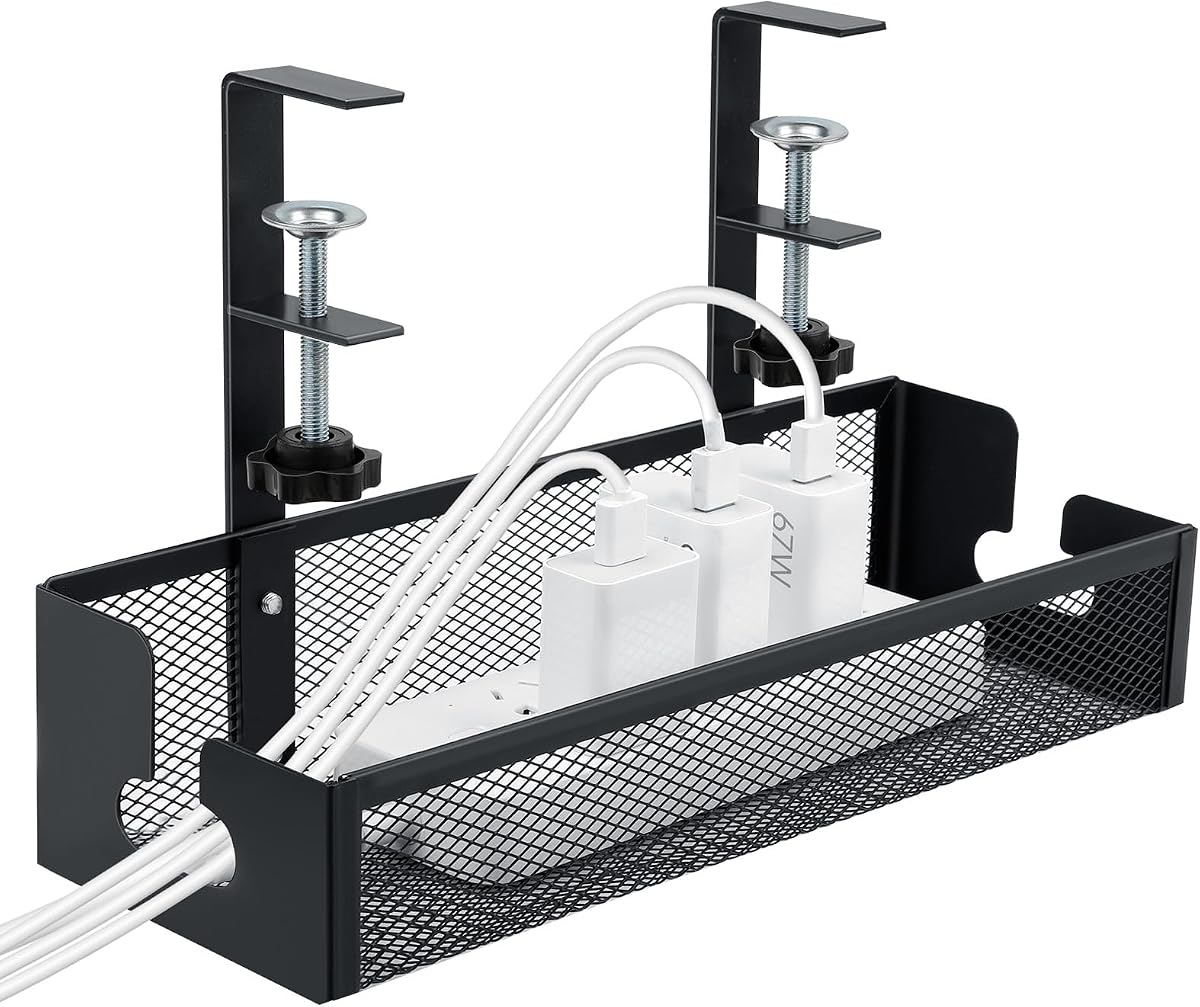 Cozary Cable Management Desk with Adjustable Hooks, Under-Sink Mounting Organiser Made of Carbon Steel, No Drilling, Heavy Duty Cable Management for Power...