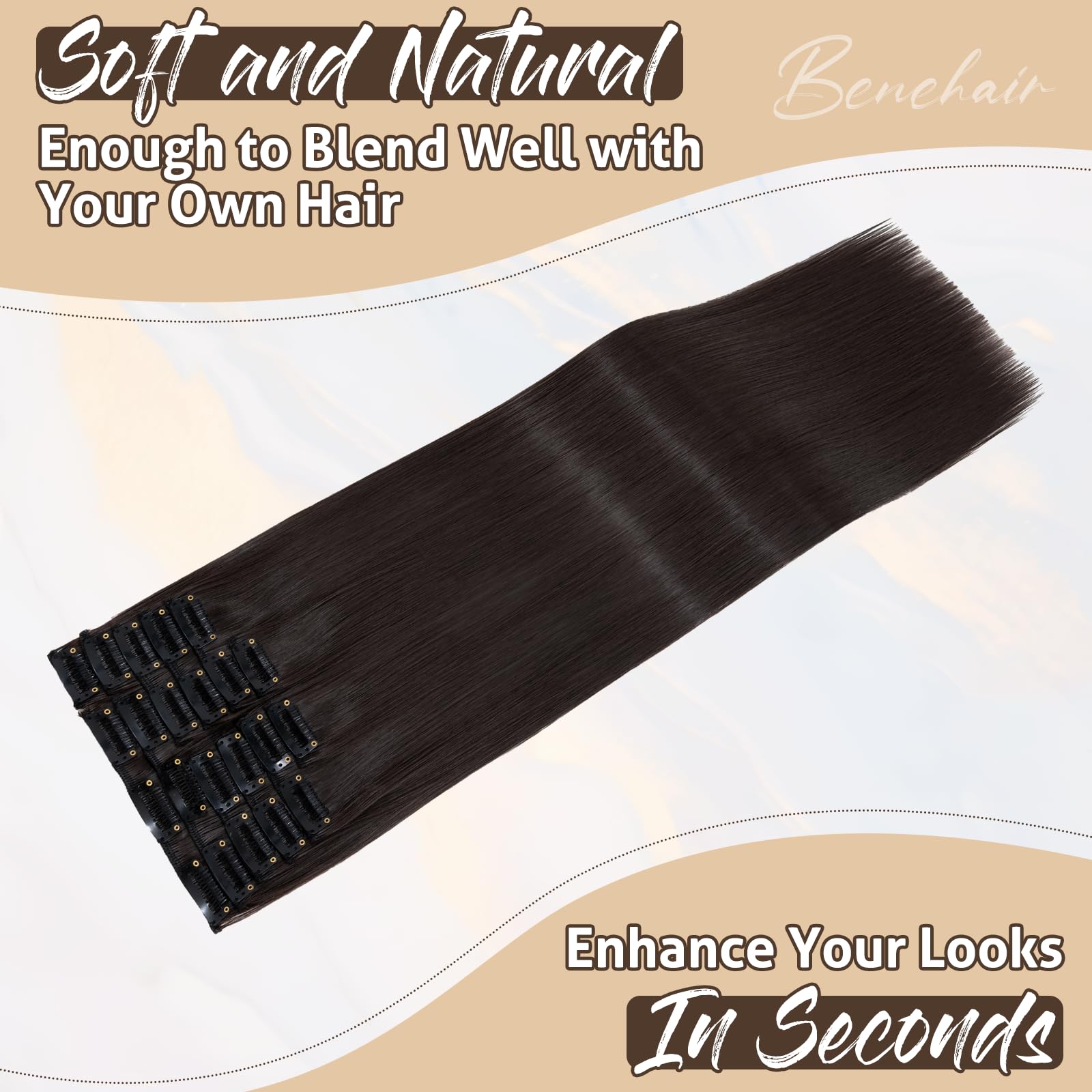 Benehair 22" Clip in Hair Extensions 12 Pcs Long Straight Hair Extensions Clip in Synthetic Fiber Full Head Natural Extension Natural Black Hair Piece for Women(Natural Black - Image 3