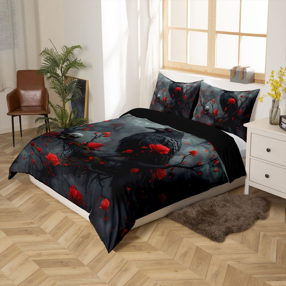 Trippy Crow Kids Duvet Cover Set Toddler Size,Roses Flowers Dark Clouds Psychedelic Bedding Set,Boys Girls Room Decor,Halloween Skull Skeleton Comforter Cover,Black Quilt Cover,1 Pillowcase(No Filler)