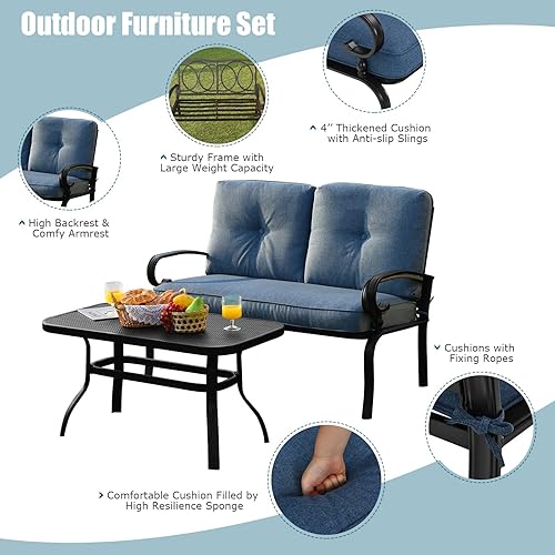 Miniatura 5 de Tangkula Sofá biplaza de patio con juego de mesa, sofá acolchado de 2 asientos con mesa auxiliar, juego de sofá de conversación para patio con marco