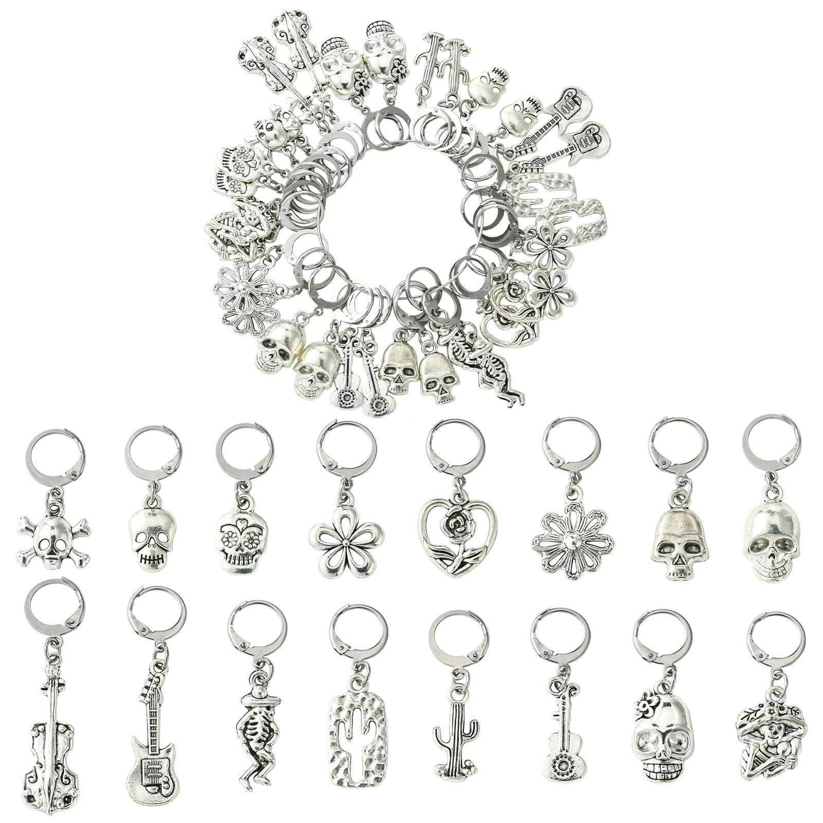 Stiesy 32Pcs Halloween Skull Skeleton Stitch Markers, 16 Style Alloy Crochet Stitch Marker Charms Removable Lobster Clasp Locking Stitch Marker for Knitting Weaving Sewing Quilting Handmade Jewellry