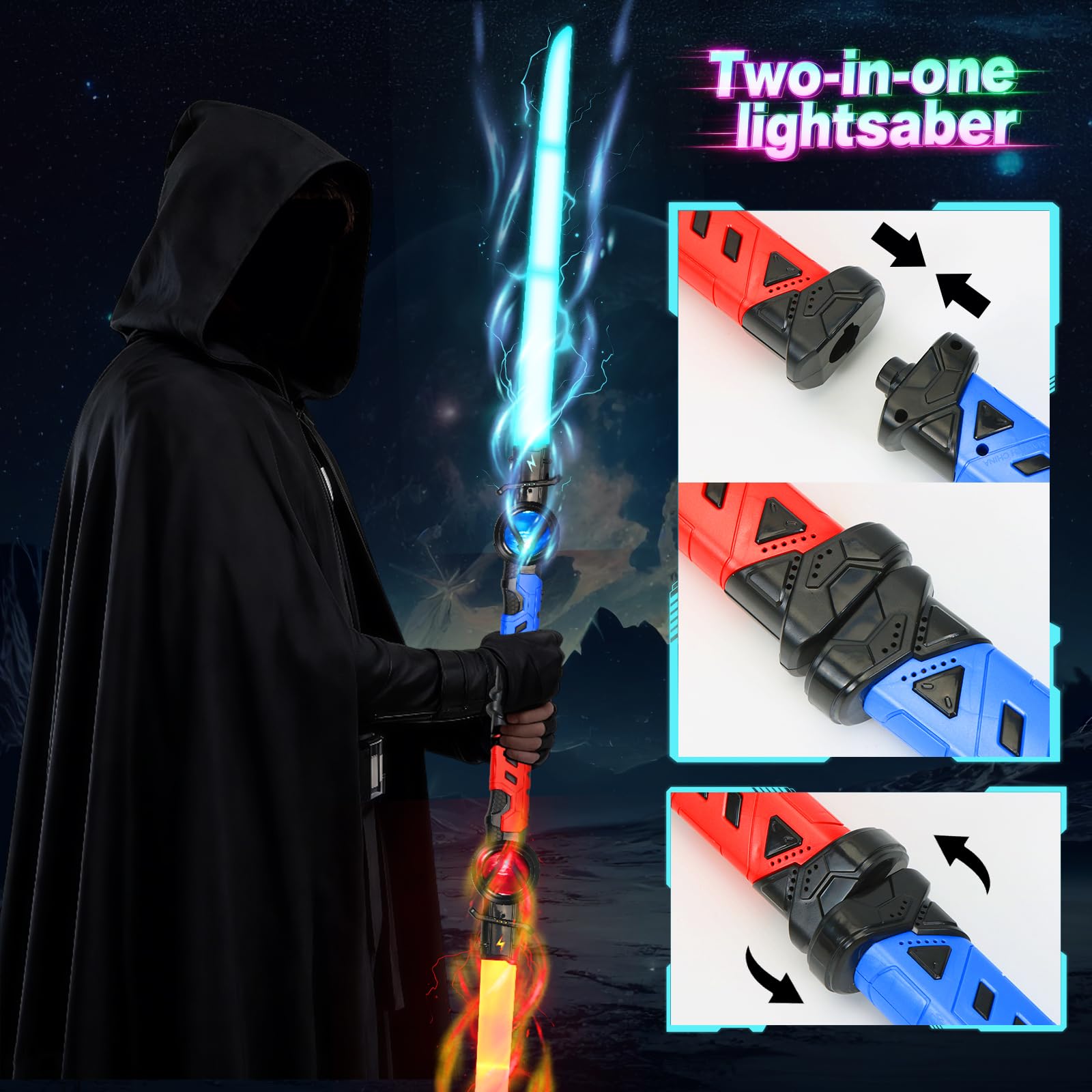 Sabre Laser Enfants 2 Pièces Télescopique LED Rechargeable Bleu Rouge 15 Couleurs Halloween Noël Cosplay
