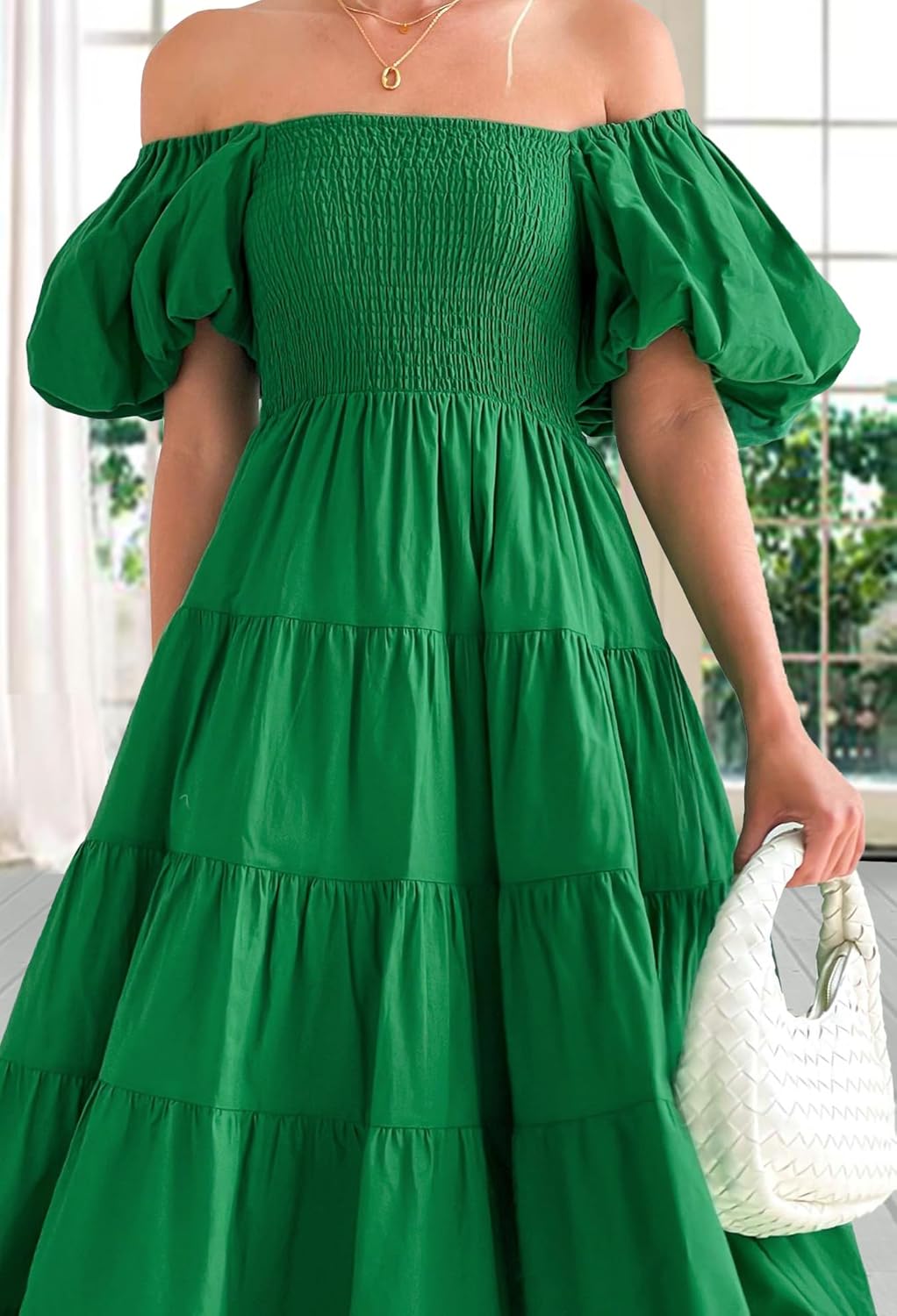 Women's Boho Summer Puffy Short Sleeve Midi Dress with Square Neck Flowy Ruffle Hem Casual Beach Long Dress - Image 3