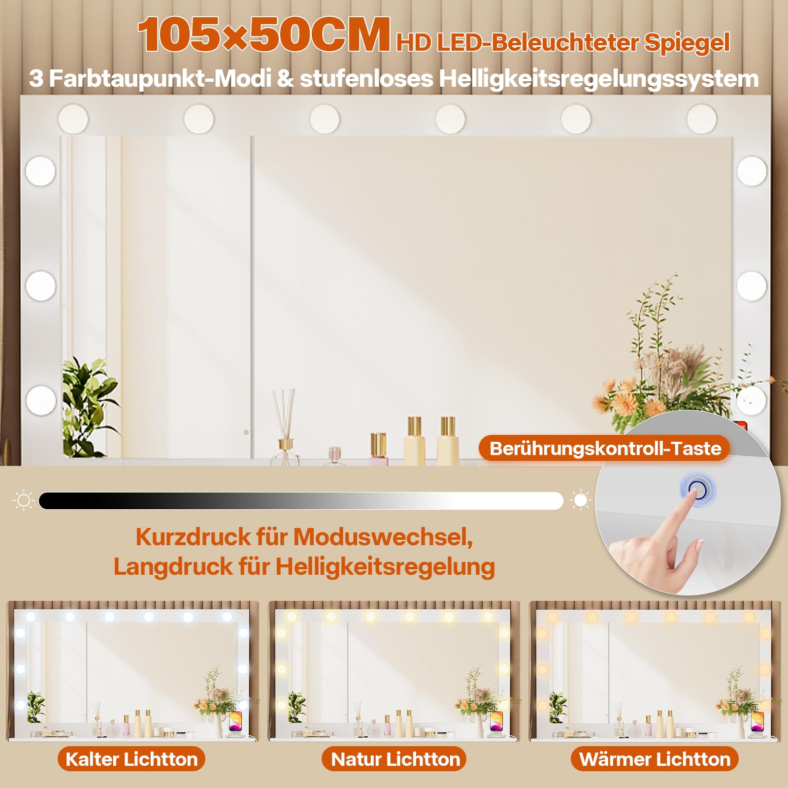 Buildonely W3152729 Grote make-uptafel met ledverlichting, 3