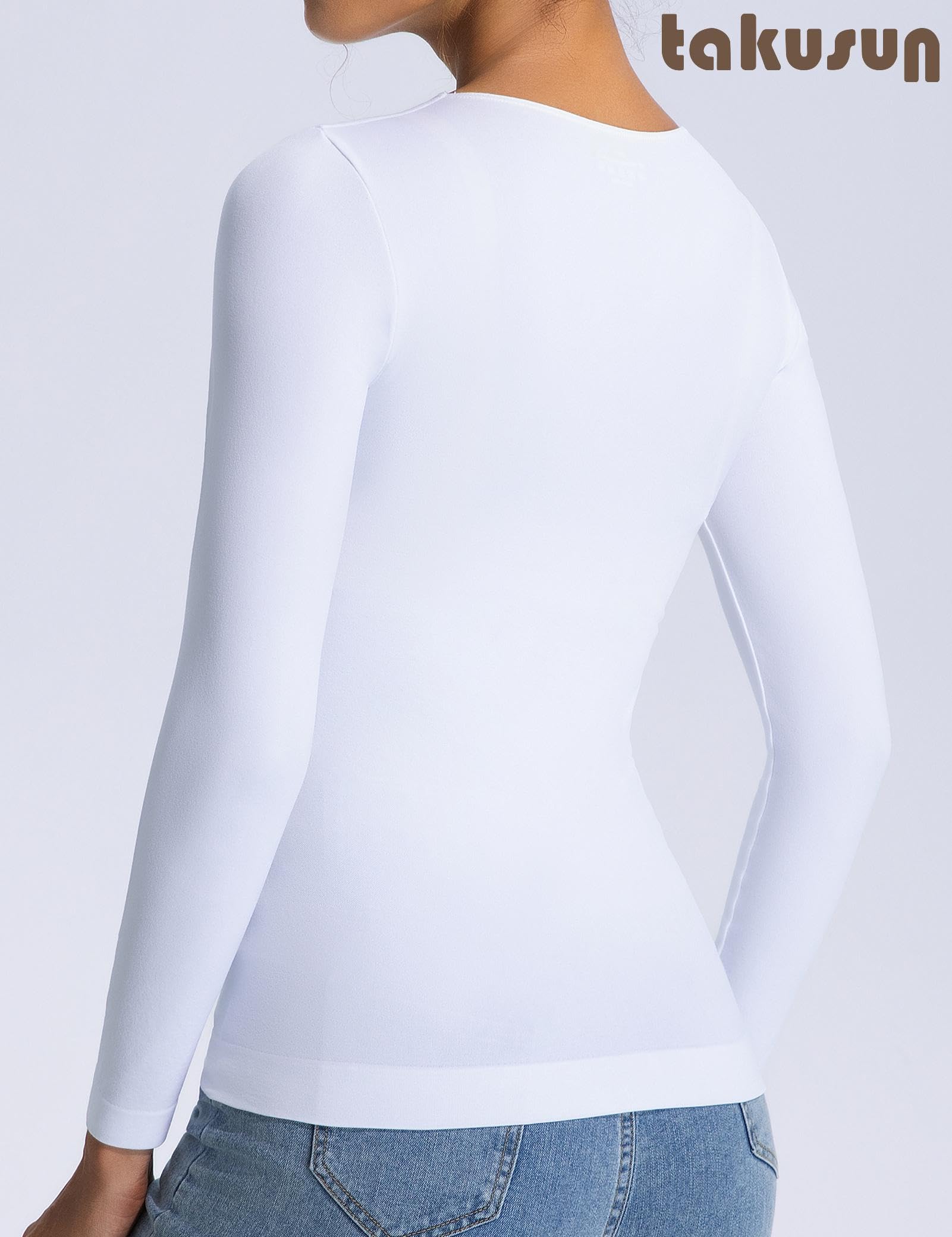 Maglietta intima da donna a maniche lunghe, a compressione, dimagrante, girocollo, base modellante e termica, aderente