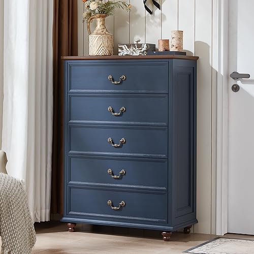 Miniatura 9 de Cómoda de 5 cajones estilo granja para dormitorio, cofres de cajones rústicos de 45" de alto con 4 patas de madera maciza, cómodas de almacenamiento