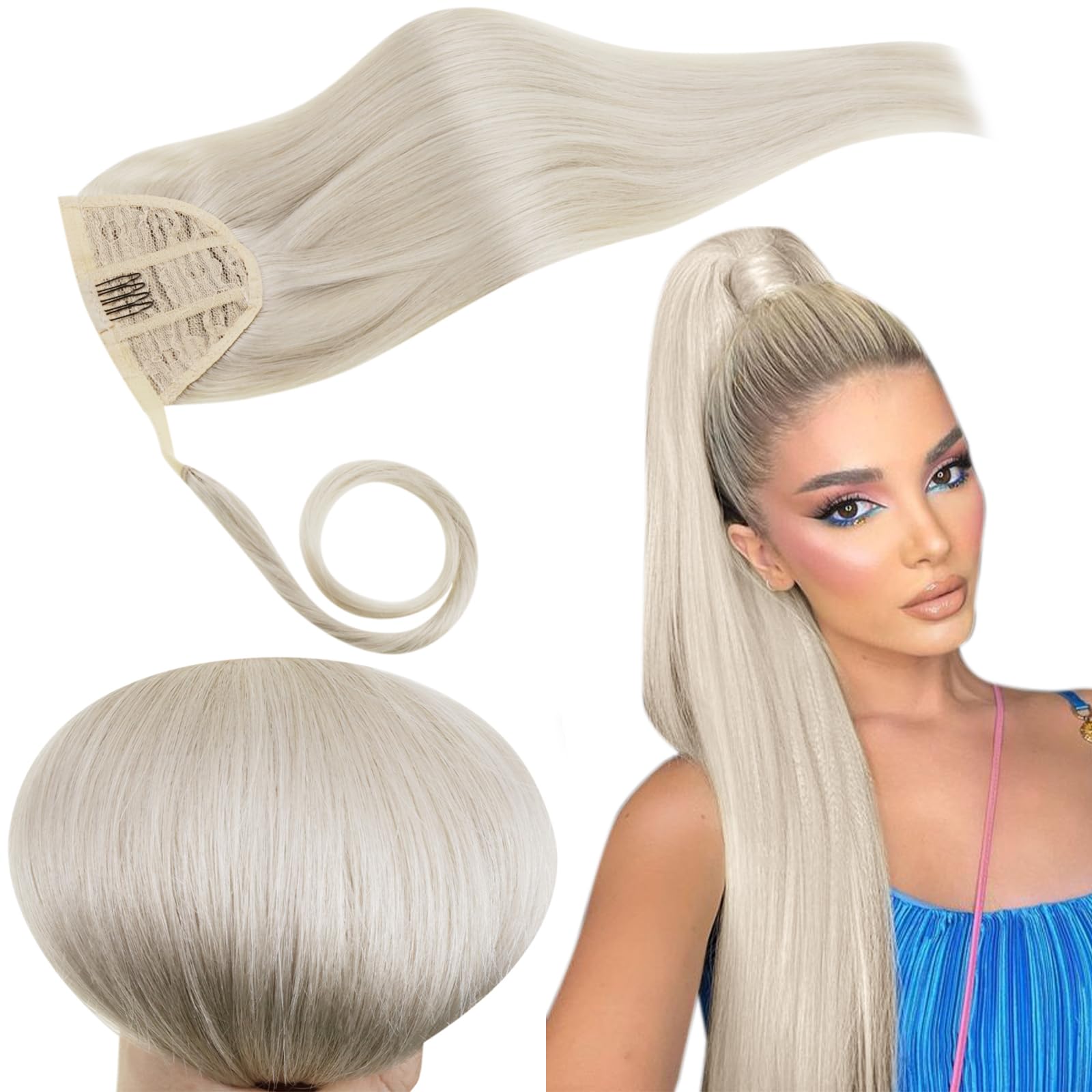 RUNATURE Ponytail Hair Extensions Human Hair White Blonde Ponytail Extension Human Hair Blonde Wrap Around Ponytail Hair Extensions Real Hair 12 Inch 70 Gram