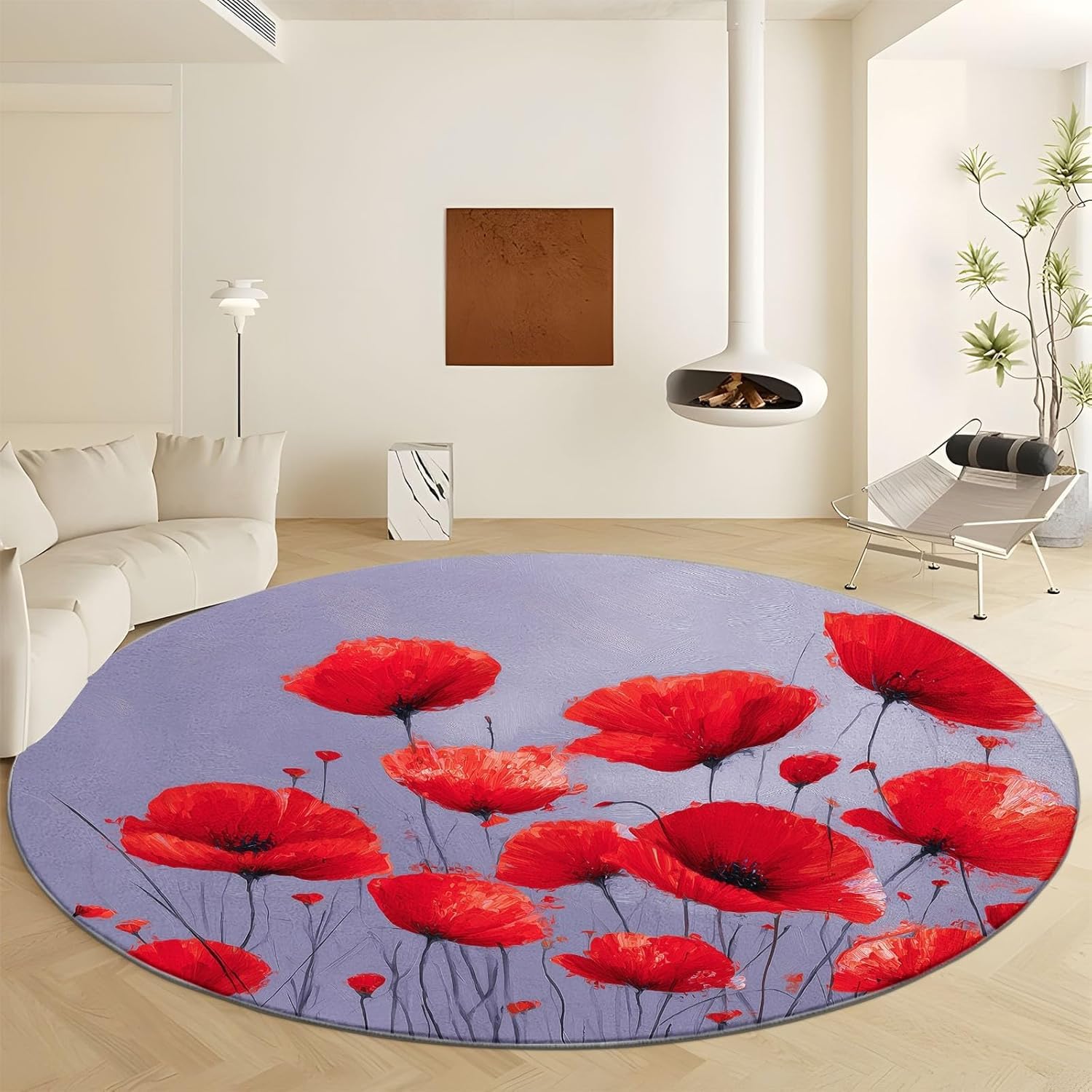 Tapis rond coquelicot rouge 80 cm tapis salon 3D fleurs lavable