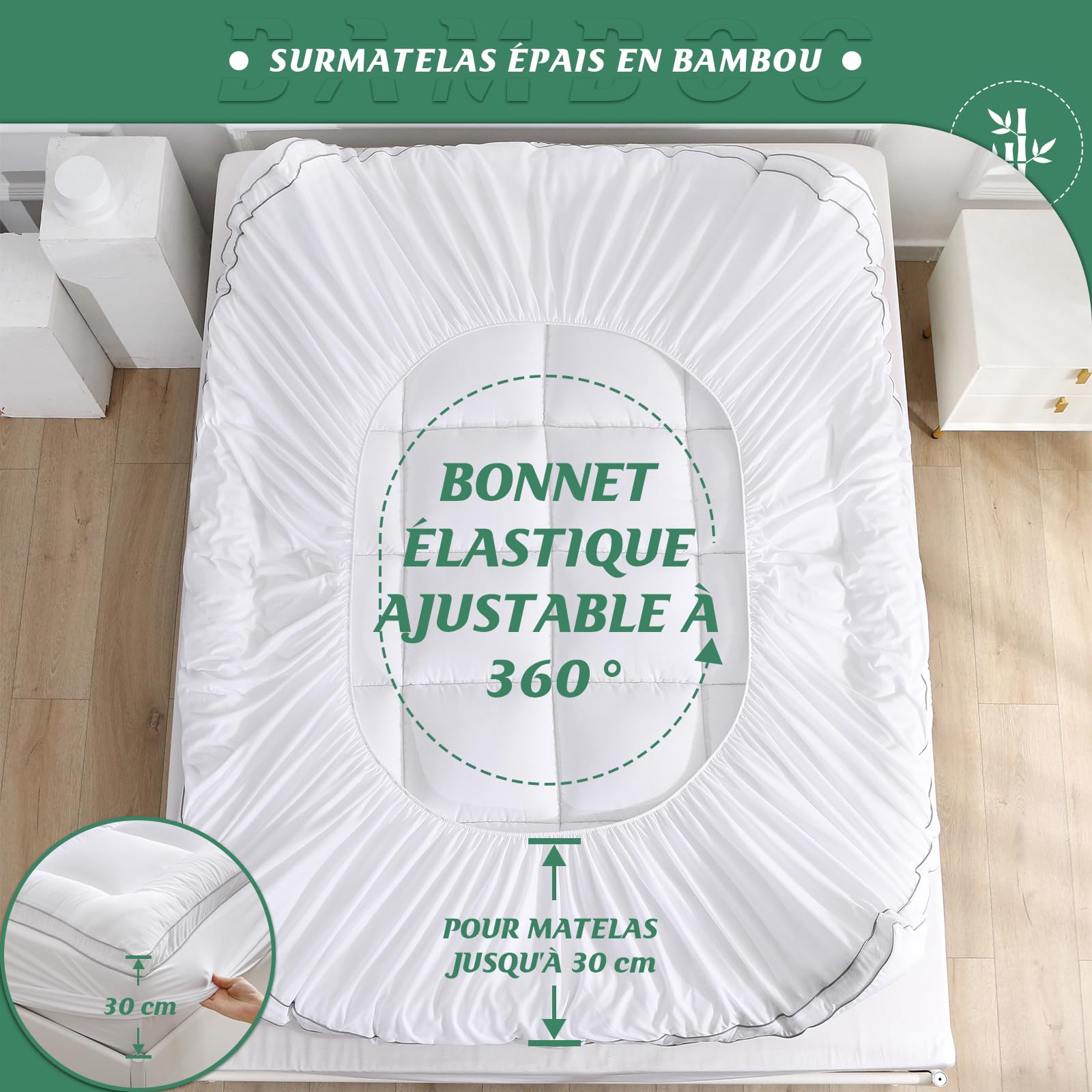 GRT Surmatelas 140x190 cm - Épaisseur Généreuse de 6 cm pour Un Sommeil Confortable, en Fibres de Bambou et Garnissage 3D - Ultra-Doux et Respirant