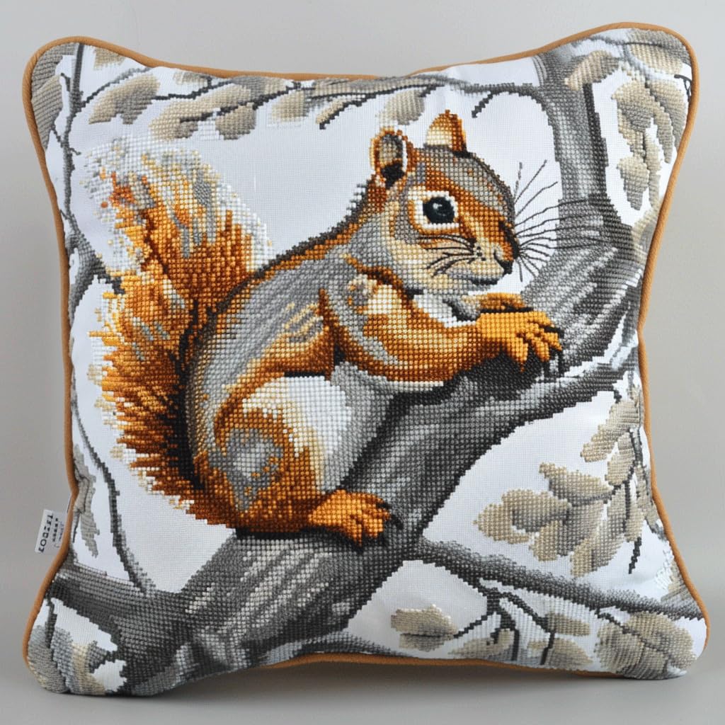 Kit Gancio Di Chiusura Cuscino, Scoiattolo su un ramo Kit Ricamare Cuscini Federa,Cuscino Artigianato Fai Da Te Ricamo Gancio Di Chiusura Tappeto Ricamo,43x43cm