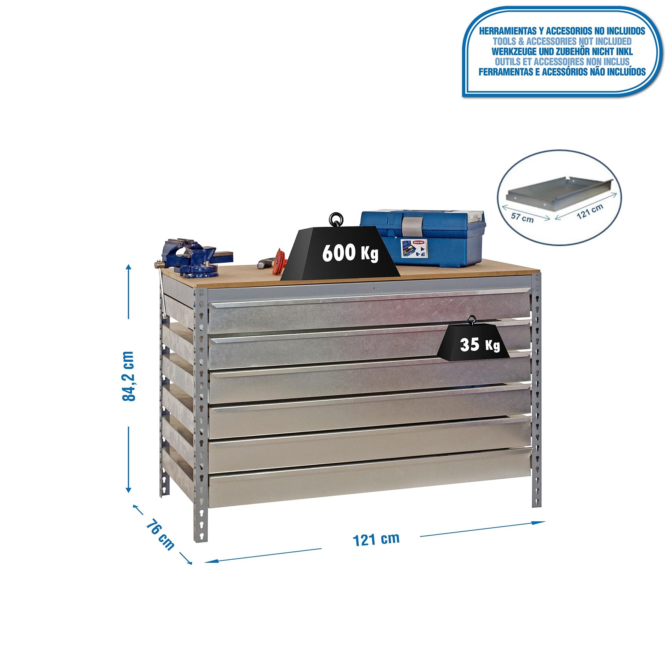 Simon Rack Banco de Trabajo Taller con 6 cajones 1210x760 mm - BT5 | Tablero madera 16 mm, Capacidad Carga 600 kg, Gris , Pintura anticorrosión, Montaje sistema clic