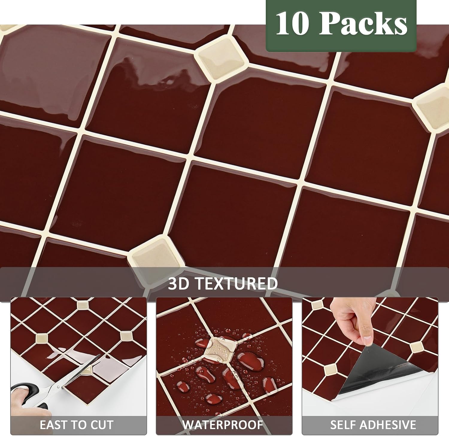 Vintage Red Peel and Stick Backsplash for Kitchen Squares Peel and Stick Wall Tiles Back Splash Adhesive Mosaic Tiles Self Adhesive Gothic Backsplash 3D Wall Stickers for Bathroom Glossy
