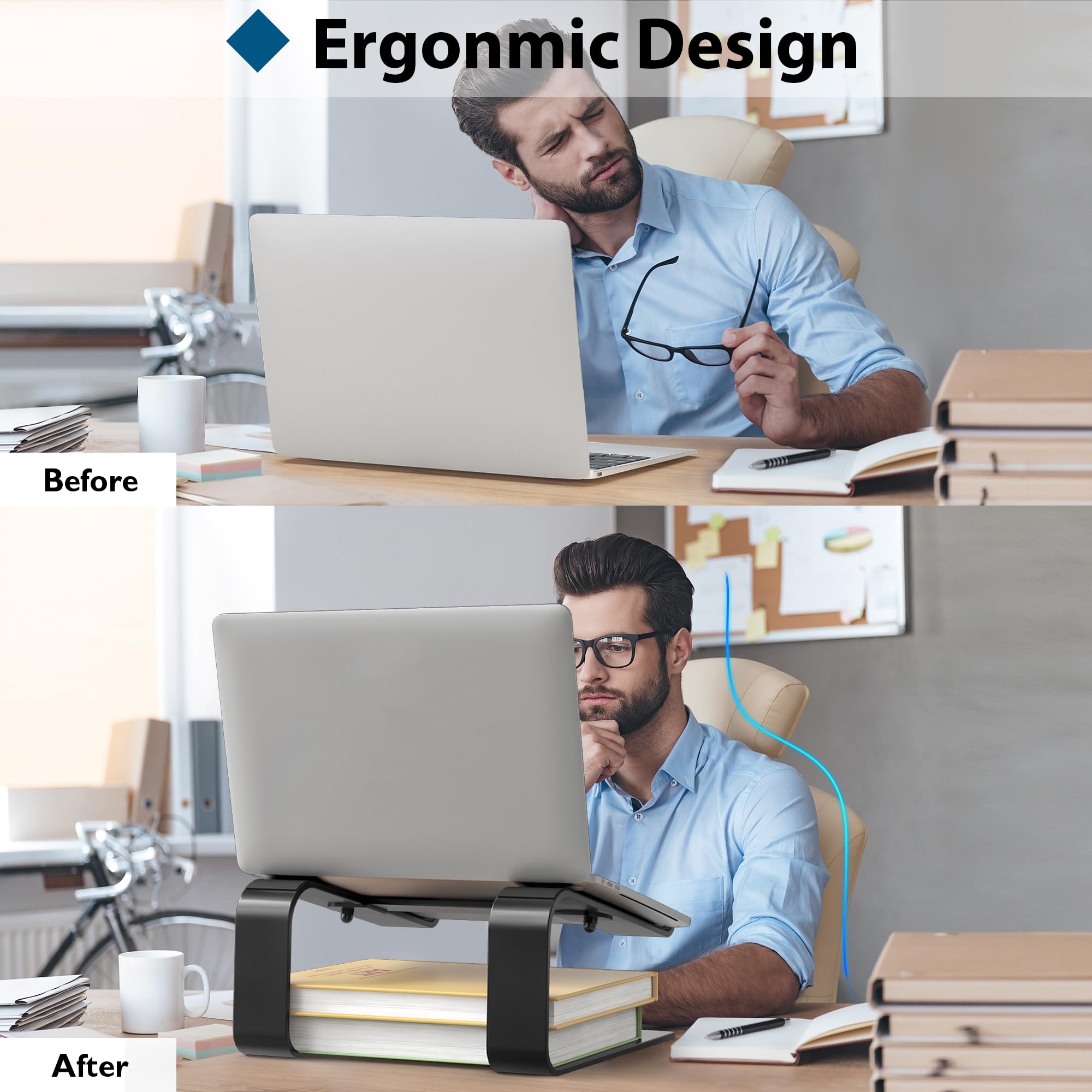 BONTEC Support Ordinateur Portable Ergonomique 10-17,3 Pouces, Rehausseur avec Inclinaison 14° et Gestion des Câbles, Noir