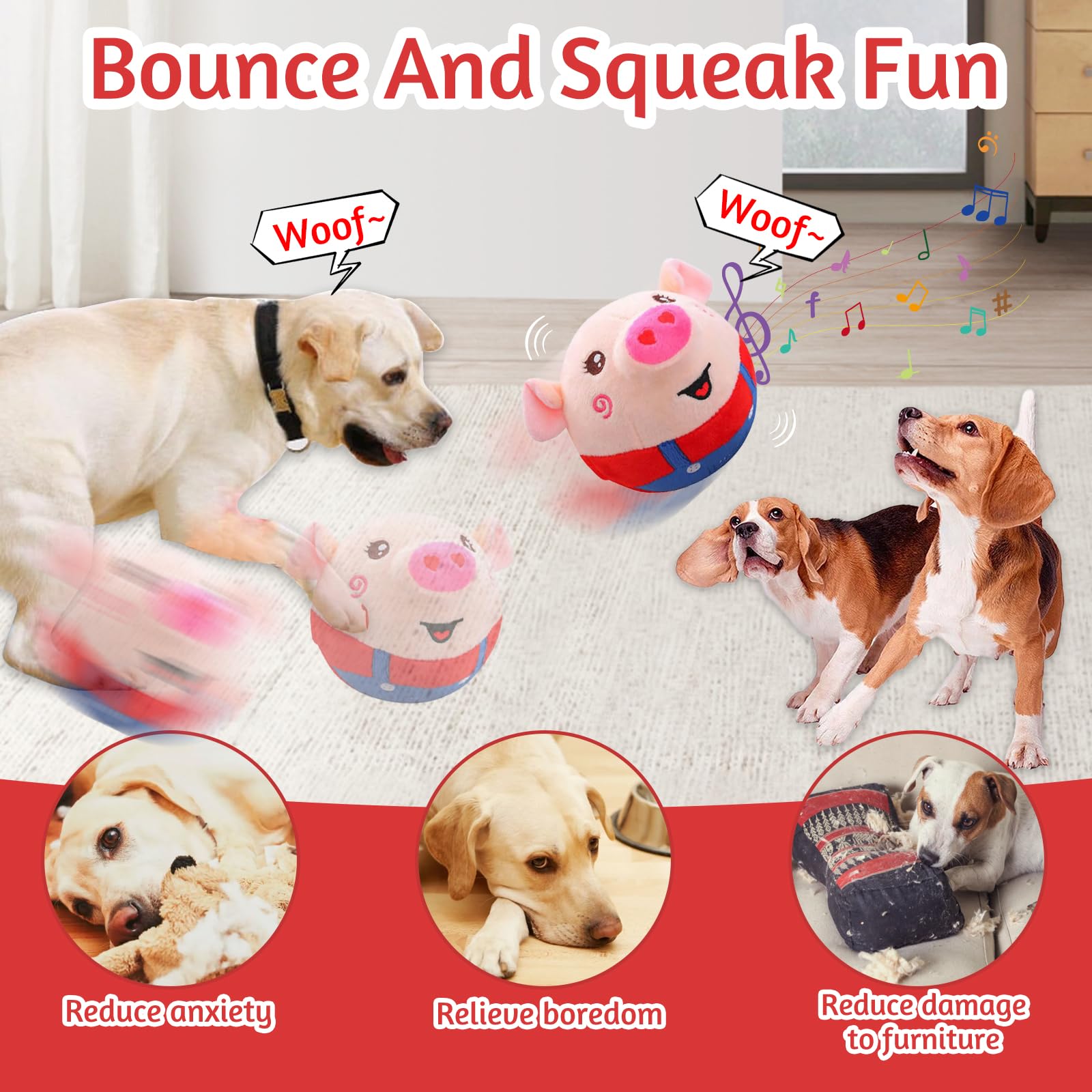 Audasi Active Moving Pet Plush Toy Interactive Dog Toys for Boredom Bouncing Piggy Dog Toy Shaking Talking Dog Ball for Dogs Cats Pets Washable Cartoon Pig Squeaky Plush Dog Toy Pet Toy Red - Image 2