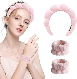 Yohou Pink Spa Makeup Headband for Washing Face with 2PCS Wristband Scrunchies Mimi and Co Spa Headband Puffy for Bubble Skincare Makeup Shower Hair Accessories