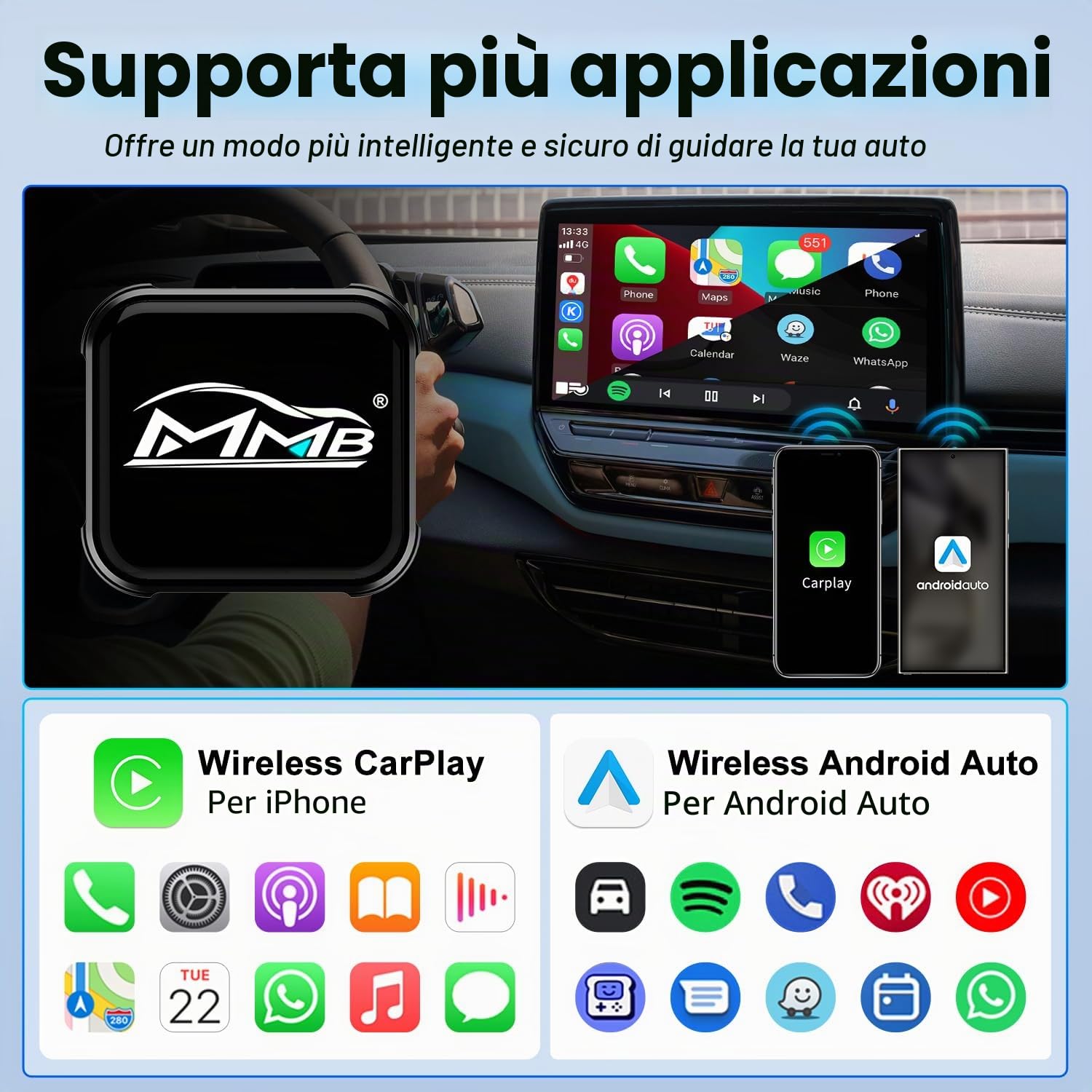 MMB CP-Ultra 2026 Adattatore Wireless CarPlay, 2-in-1 per iPhone e Android Auto, Wi-Fi 6 + Bluetooth 5.4, Converte CarPlay Cablato e Android Auto in Wireless CarPlay Adattatore Plug & Play per CarPlay