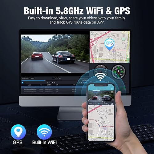 Miniatura 3 de Sarmert Cámara de tablero dual 4K con WiFi y GPS de 5.8 G, tarjeta de memoria de 64 GB incluida grabadora de cámara de tablero de coche con modo de