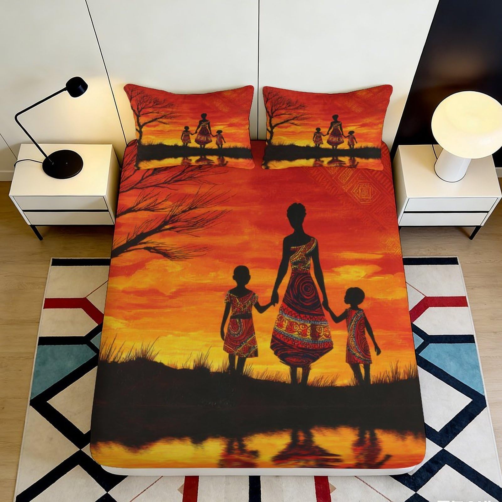 Pnayamiorkfel Style-6 3D Printed African Sunset Fitted Sheet Microfiber Vibrant Tribal Art Mattress Cover Bedroom Decor Anti-Slip Washable 90X200x25cm