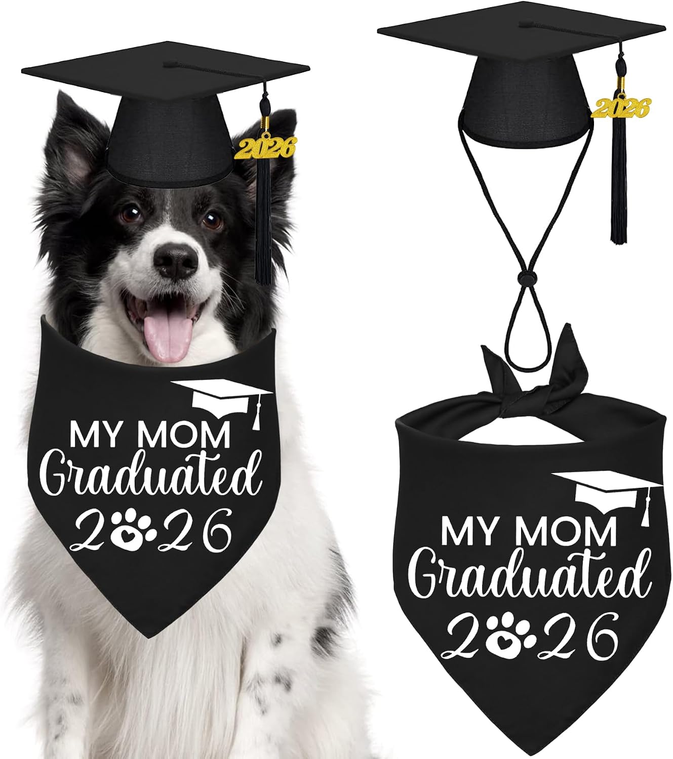 STMK Dog Graduation Cap Bandana, Graduation Dog Cap with 2026 Tassels Dog Grad Outfits Gifts for Small Medium Large Dogs (Black, Cap & My Mom Graduated Bandana)