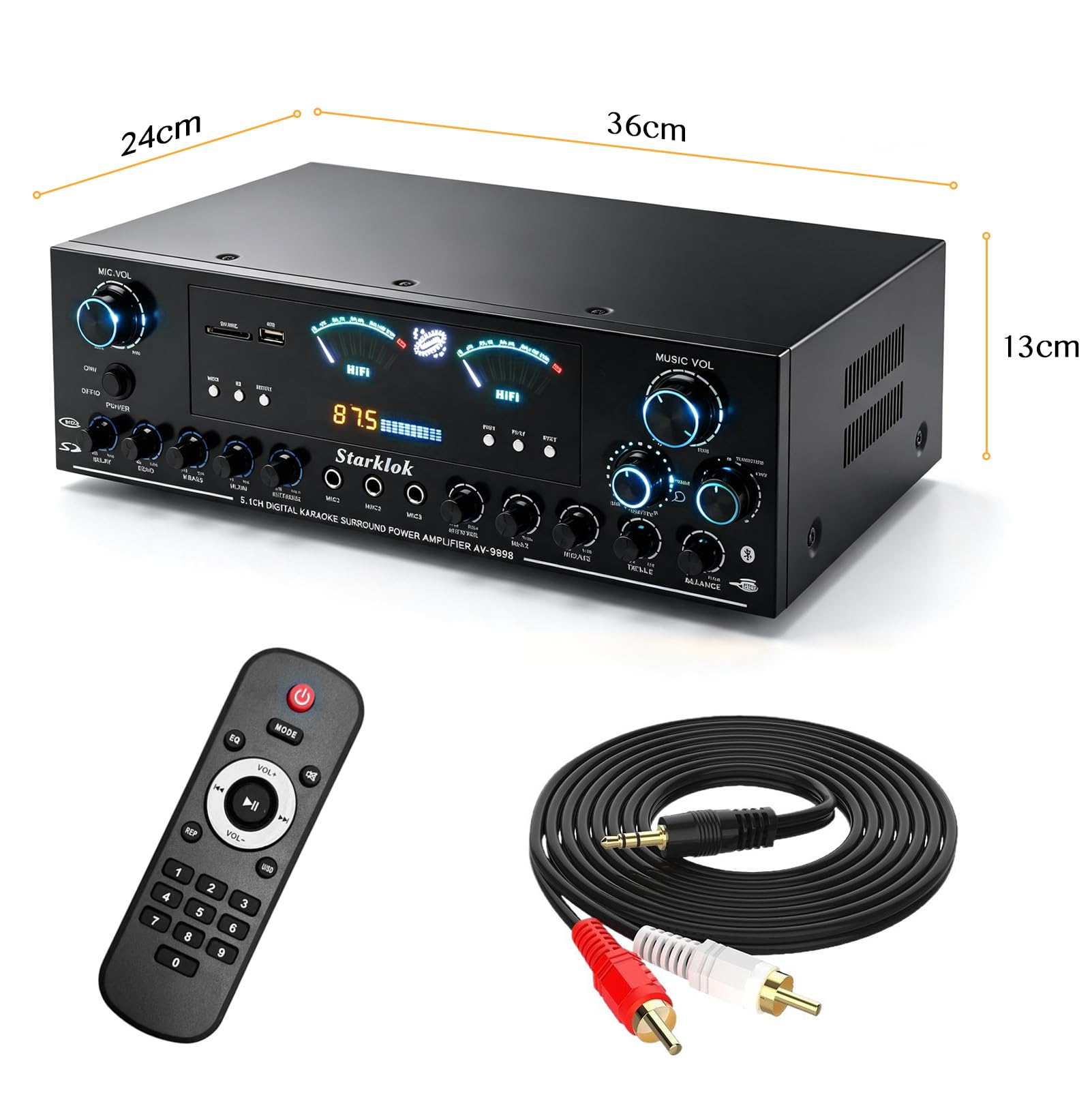 Amplificador Estéreo Bluetooth 5.1 HiFi con Mando a Distancia | Amplificador de Audio con Reproducción USB, Entrada de Audio, Conexión para Subwoofer Activo y Pasivo, Amplificador de Cine