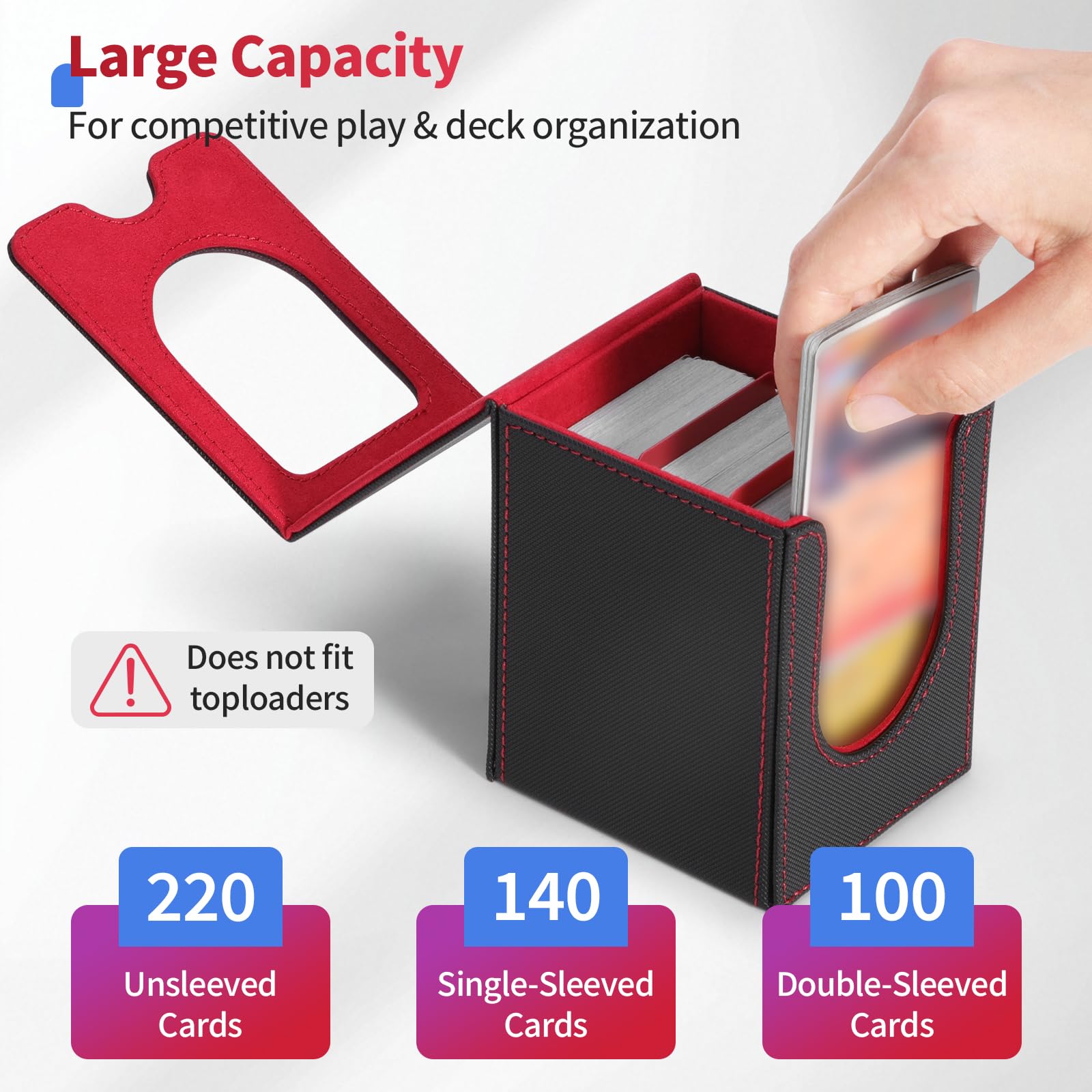 Euqvunn TCG Deck Box avec fenêtre d'affichage, peut contenir jusqu'à 130 cartes à pochettes simples, 2 séparateurs pour rangement facile, idéale pour l'exposition et le transport (Noir Rouge - 2