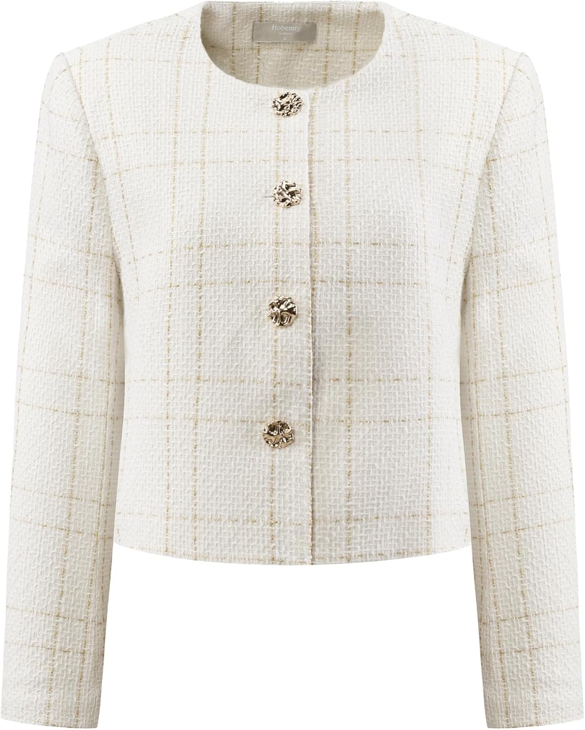 Women's Collarless Blazer Plaid Button Front Crop Tweed Jacket