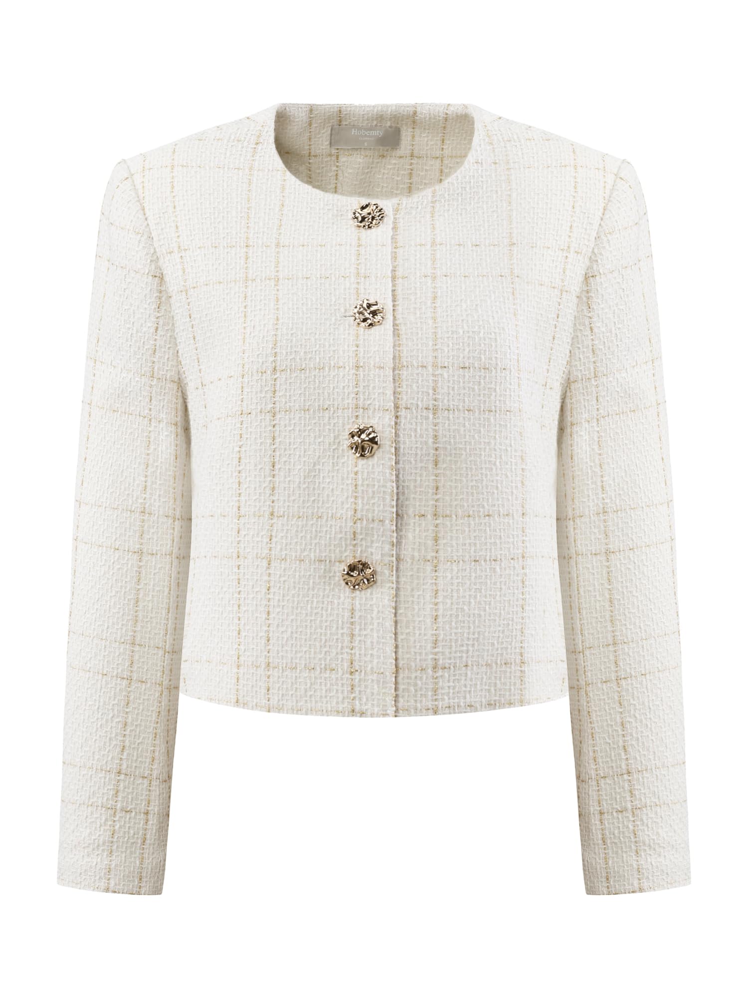 Women's Collarless Blazer Plaid Button Front Crop Tweed Jacket-image-2