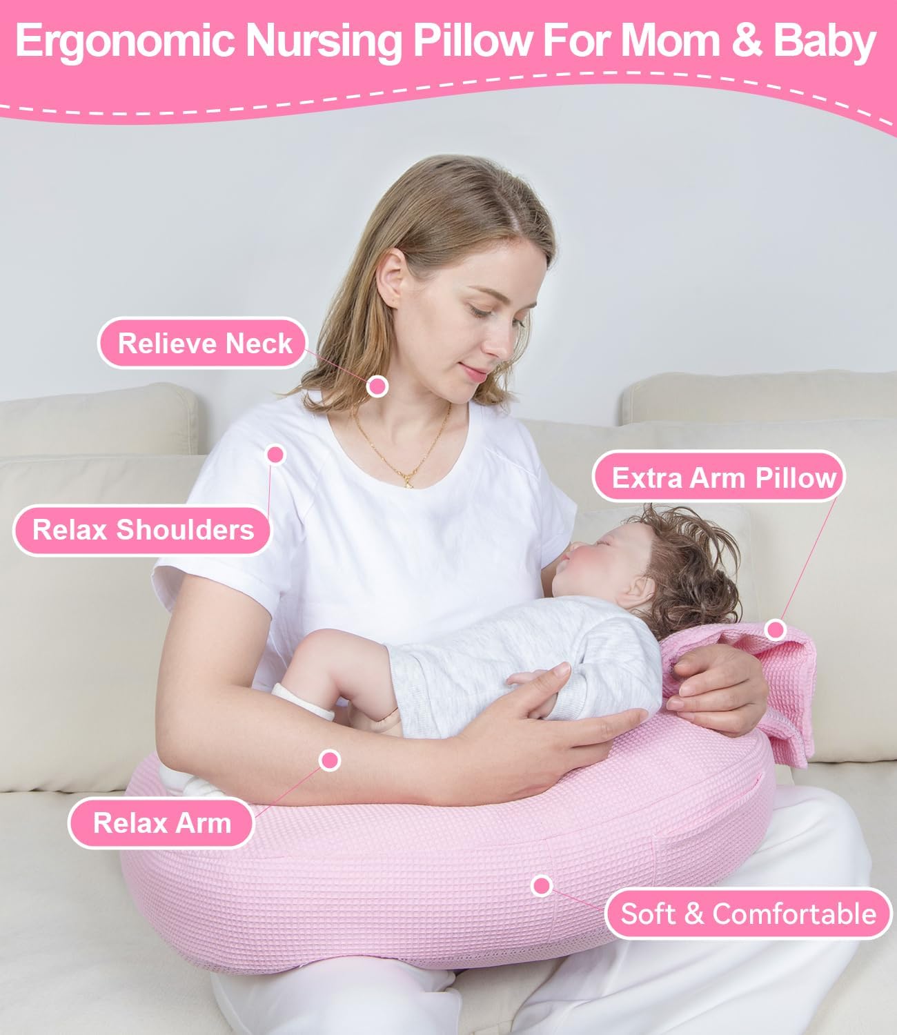 5-in-1 Multifunctional Nursing Pillow with Arm Pillow - Ergonomic Wider Breastfeeding Cushion for Mom & Baby - Anti-Slip Fabric - Adjustable Waist Strap - Removable Cotton Cover
