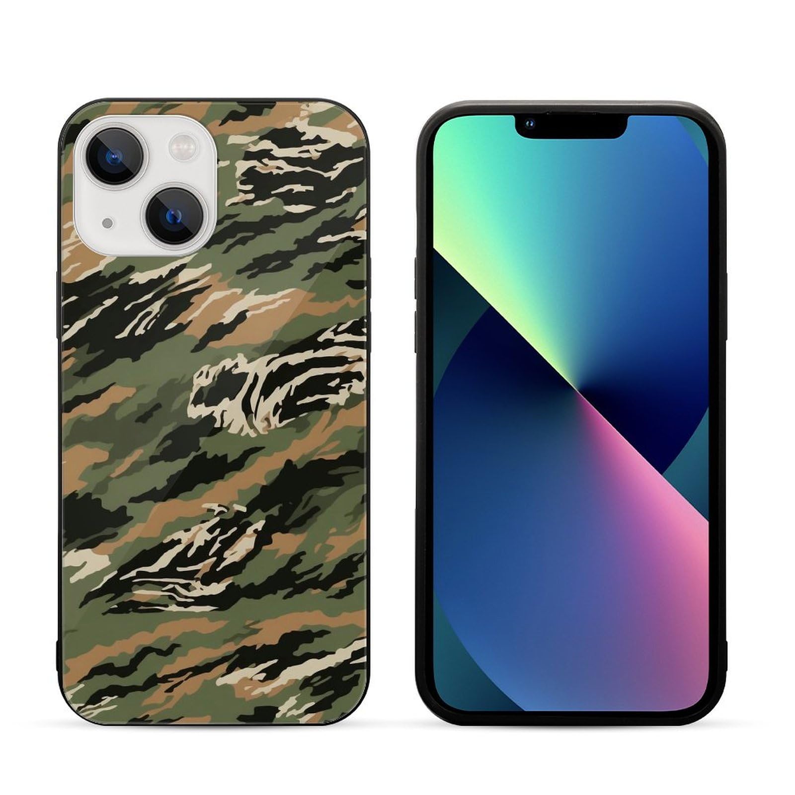 QMNBYKP Tiger Stripe Camo Prints Case for iPhone 13, Shockproof Glass Phone Cases Cover, Support Wireless Charging, Anti-Yellowing, Anti-Fingerprint
