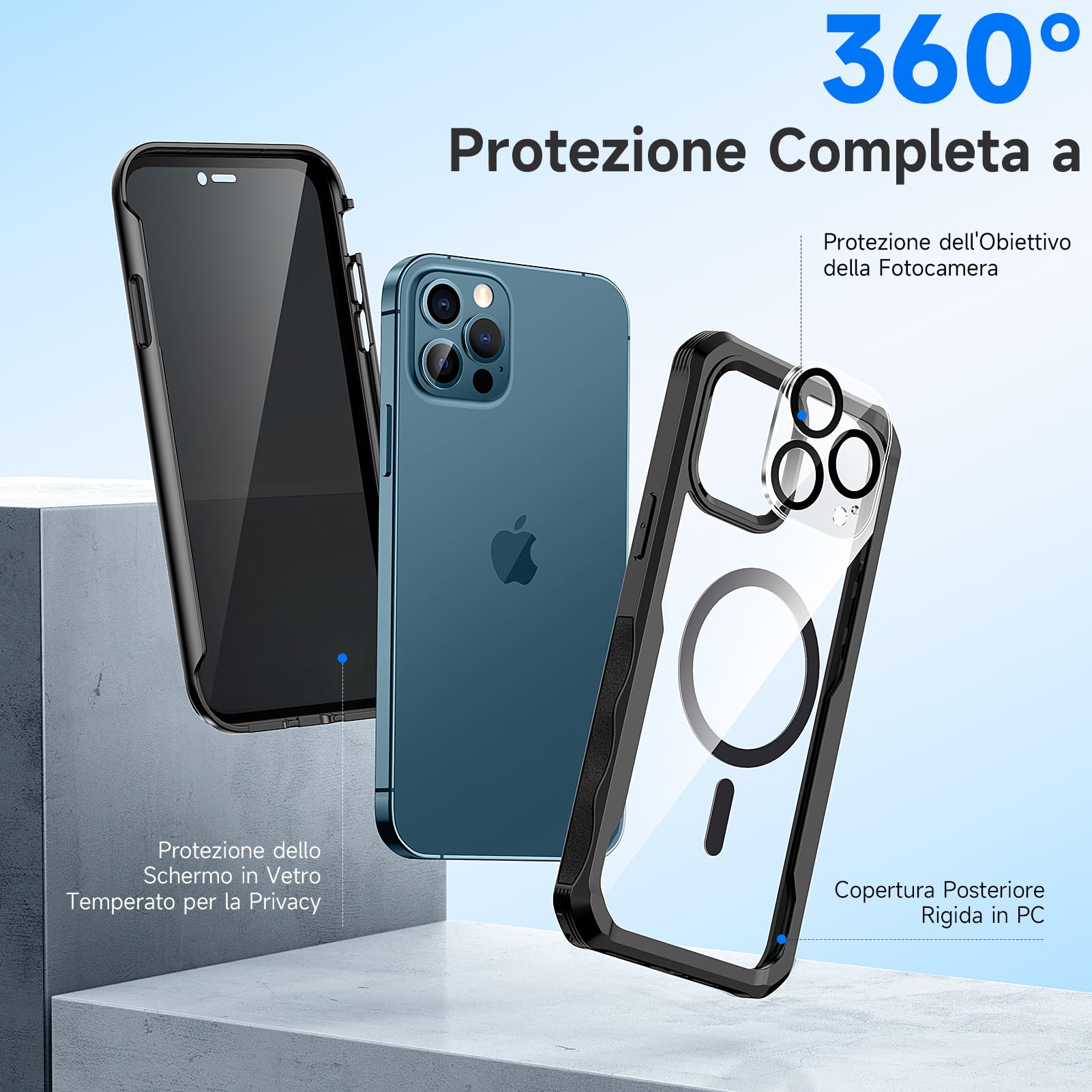 seacosmo Cover per iPhone 12 Pro Max Privacy Magnetica, Compatibile con Magsafe, Antispy Schermo Integrata in Vetro Temperato, Protezione Fotocamera, Custodia 360 Gradi Antishock Fronte Retro - Nero