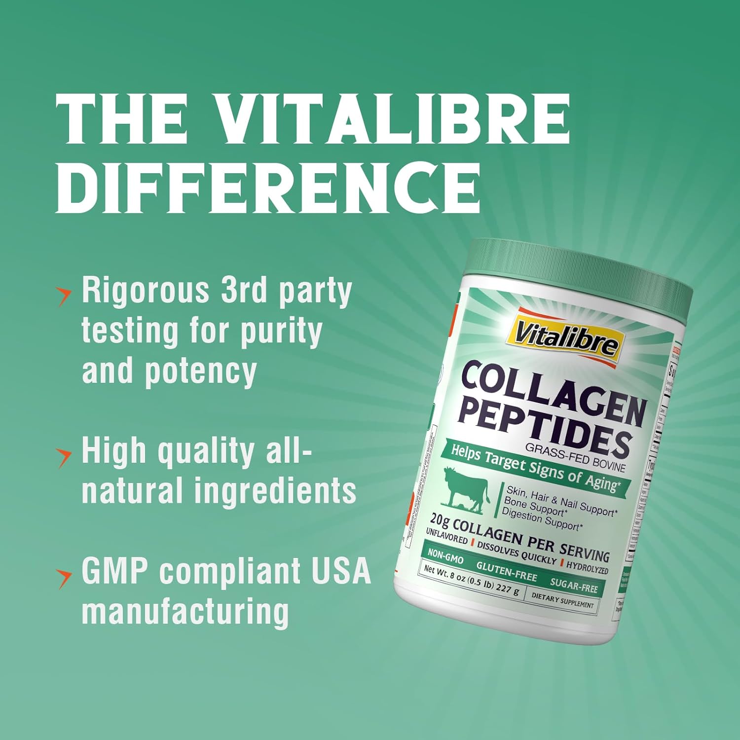 Bovine Collagen Peptides Powder for Women and Men, Grass-Fed Hydrolyzed Collagen Protein Type I & III, Skin, Hair, Nails, Bones, Digestion, Unflavored, Non-GMO, Keto & GF, 11 Servings, 8oz - Image 5