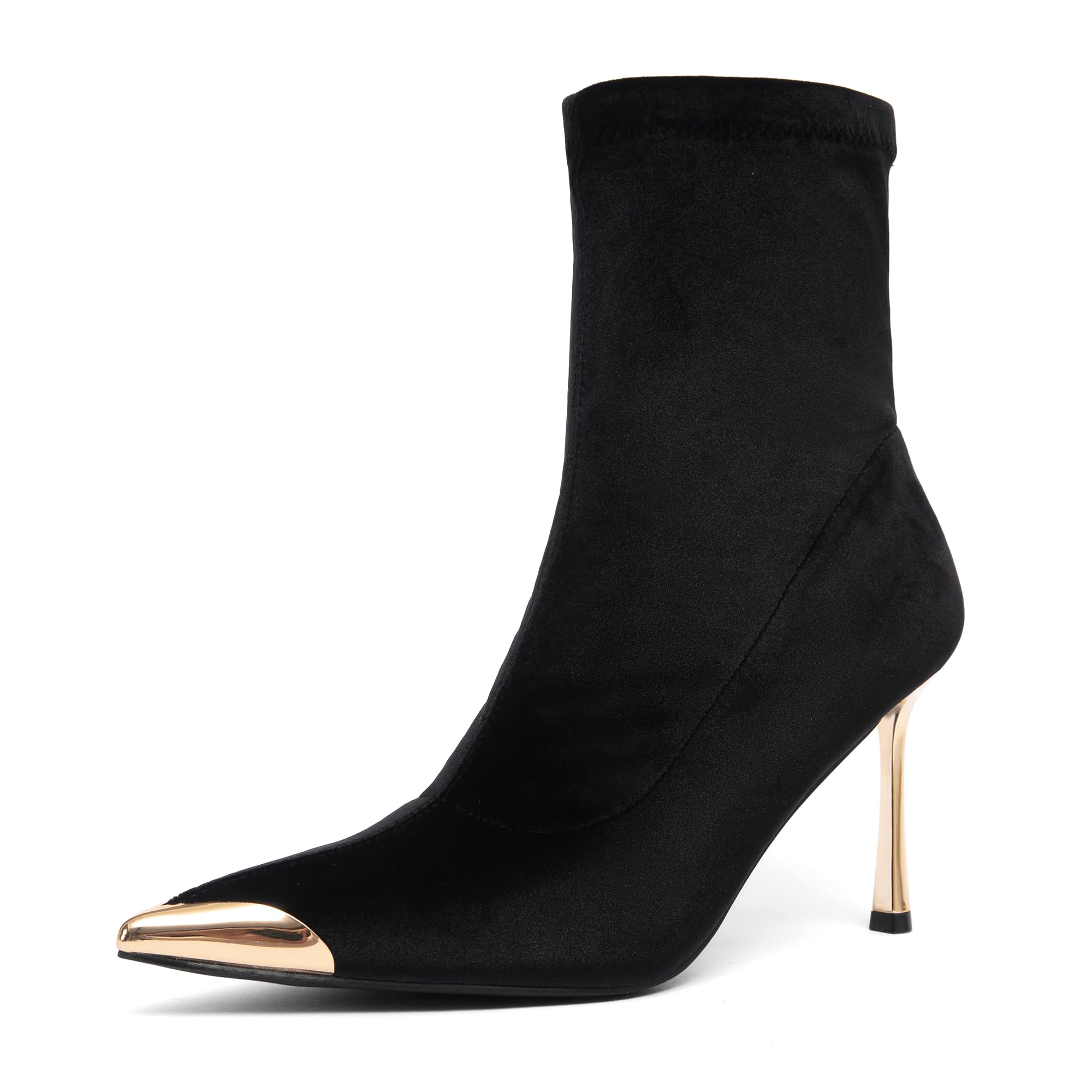 NEWBELLA Womens Ankle Boots Pointed Toe Stiletto Heel Metal Cap Toe Booties for Party Club