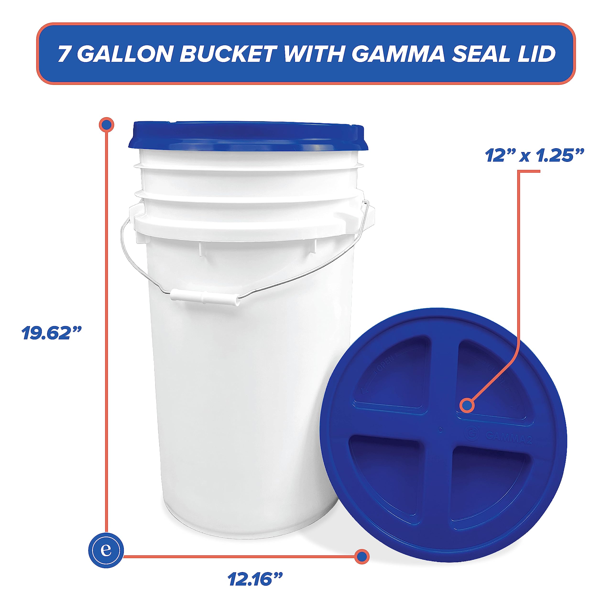 Secchio Bianco 5 Galloni Con Coperchio Gamma Seal – In HDPE Per Alimenti, Senza BPA, Rosso
