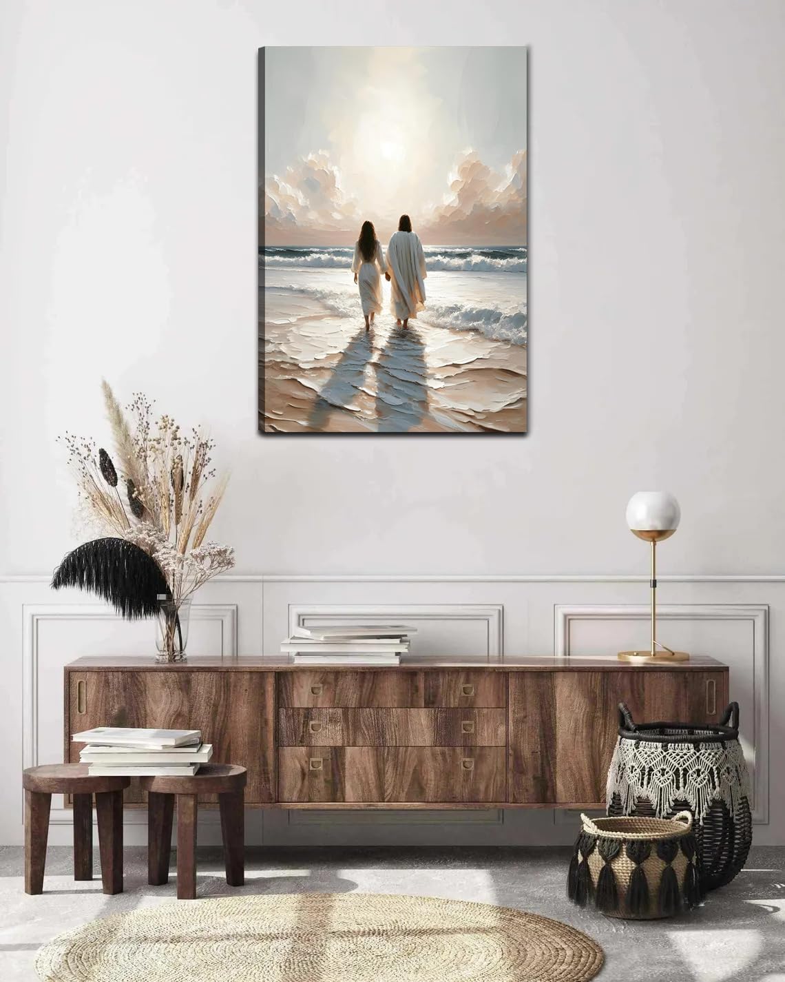 Jesus Canvas Wall Art Jesus Woman Walking on Water Wall decor pictures Religious Coastal Painting Christian poster prints for living room bedroom Home Decoration Ready to hang (24inx36in Canvas)