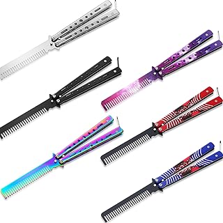 6 Pieces Butterfly Knife Comb Stainless Steel Folding Practice Training Combs Hair Styling Tools for Sport Outdoor Use (Black, Silver, Colorful, Red, Blue, Pink)