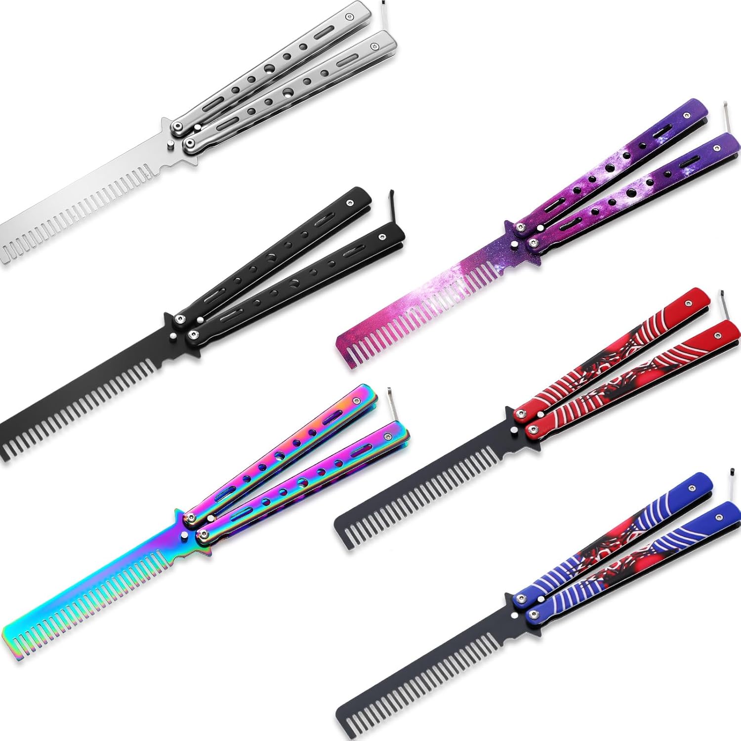 6 Pieces Butterfly Knife Comb Stainless Steel Folding Practice Training Combs Hair Styling Tools for Sport Outdoor Use (Black, Silver, Colorful, Red, Blue, Pink)