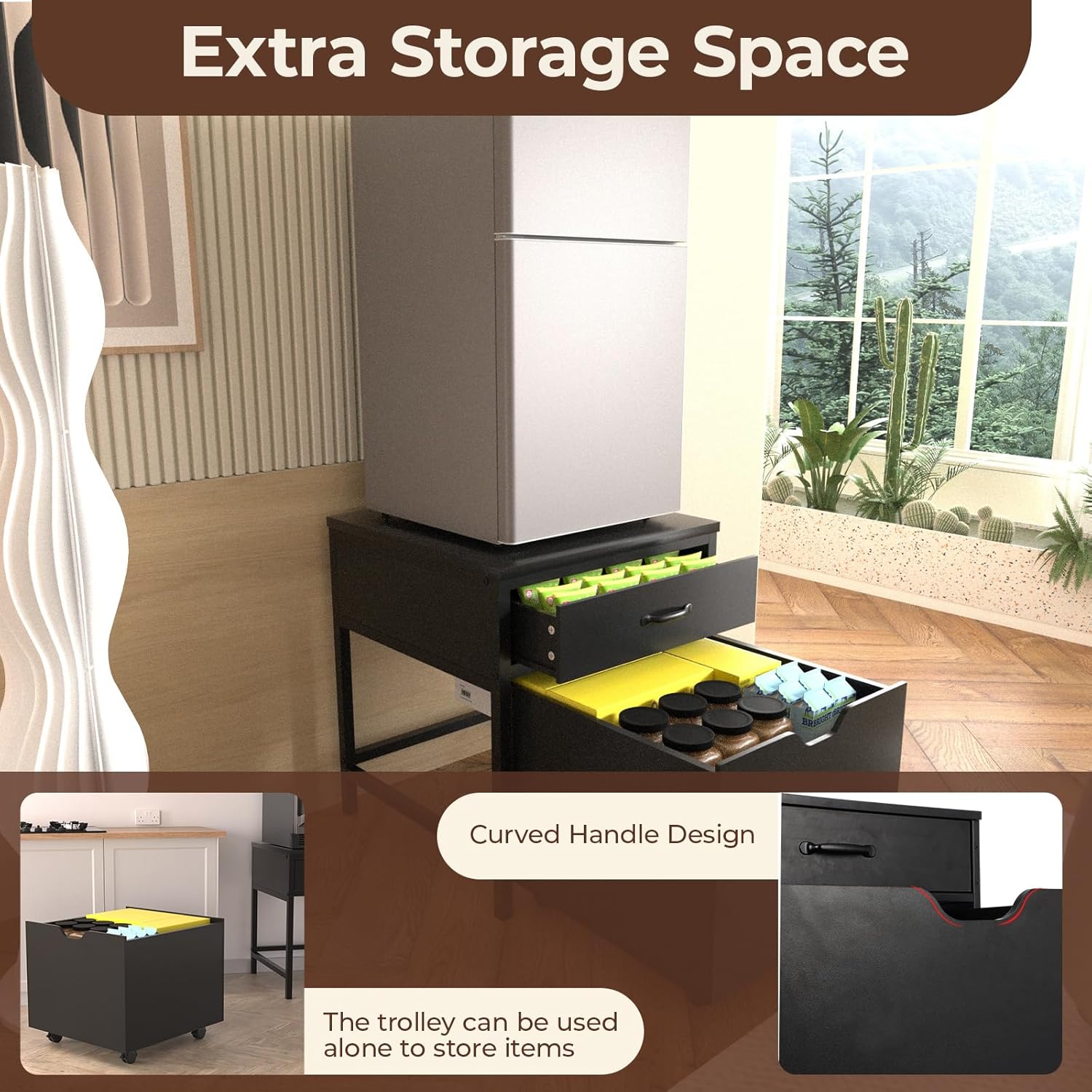 GCCSJ Mini Fridge Stand with Movable Storage Drawer, Heavy Duty Mobile Mini Refrigerator Stand, Mini Fridge Cabinet for Dorm, Home, Office, 22.8" L x 21.7" W